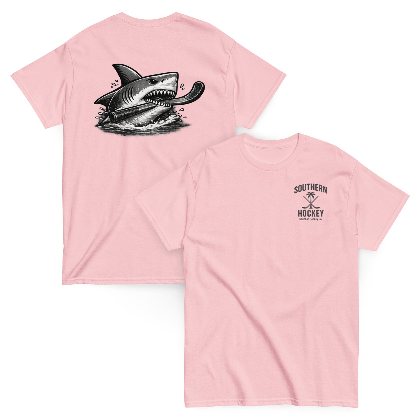 Pink Southern Hockey Sandbar Hockey Co. T-shirt with black shark hockey graphic on the back and small Southern Hockey chest logo on the front
