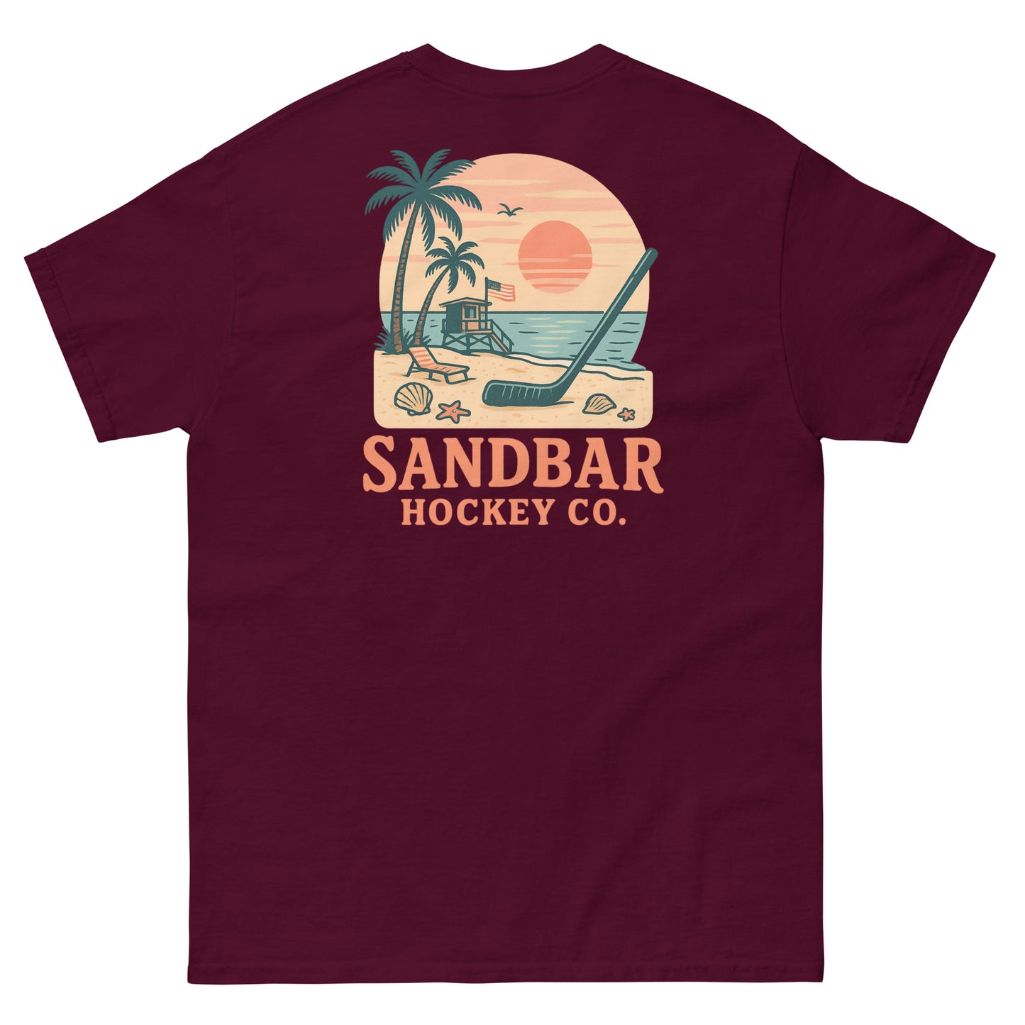 Maroon hockey t-shirt back side with beach sunset lifeguard stand graphic and Sandbar Hockey Co. logo
