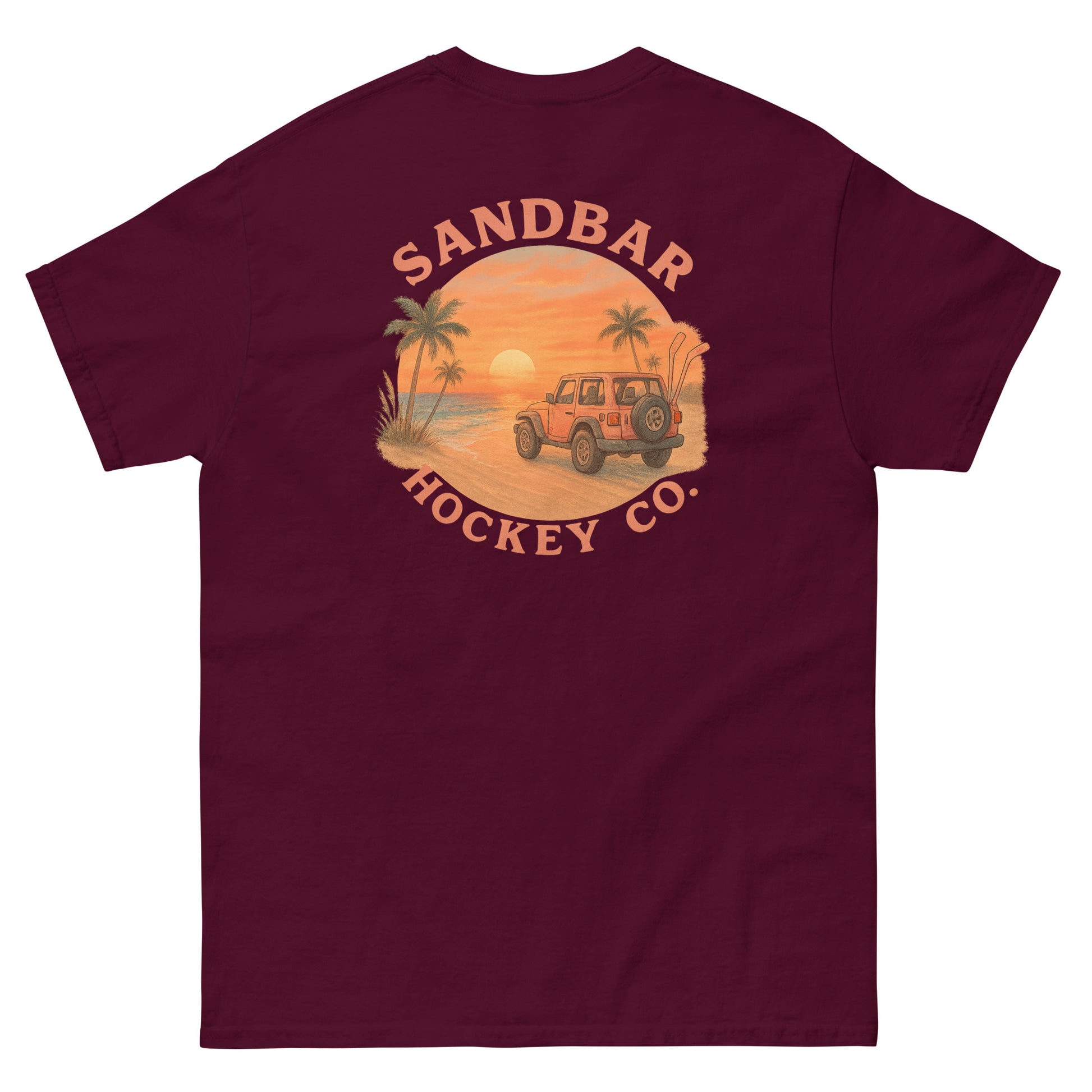 Maroon hockey t-shirt back side with beach sunset jeep graphic and Sandbar Hockey Co. logo