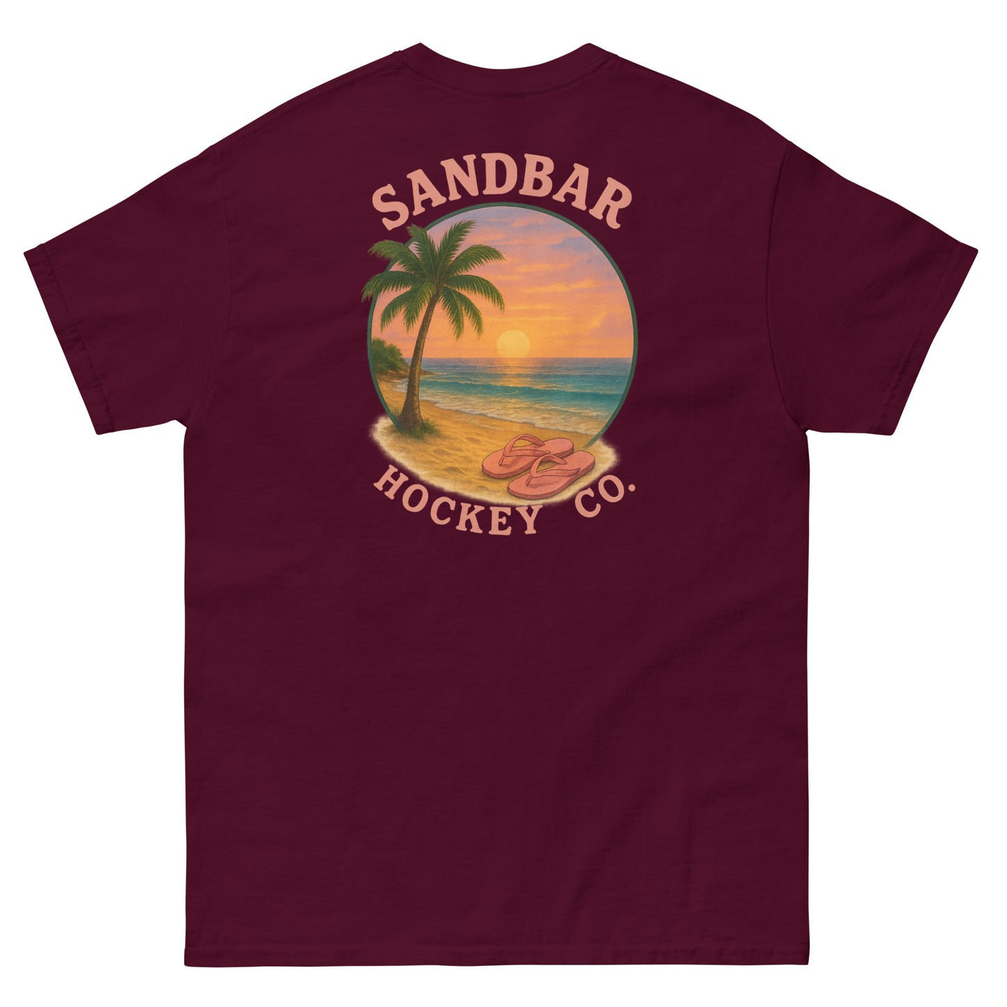 Maroon hockey t-shirt back side with beach sunset palm tree and flip flops graphic and Sandbar Hockey Co. logo
