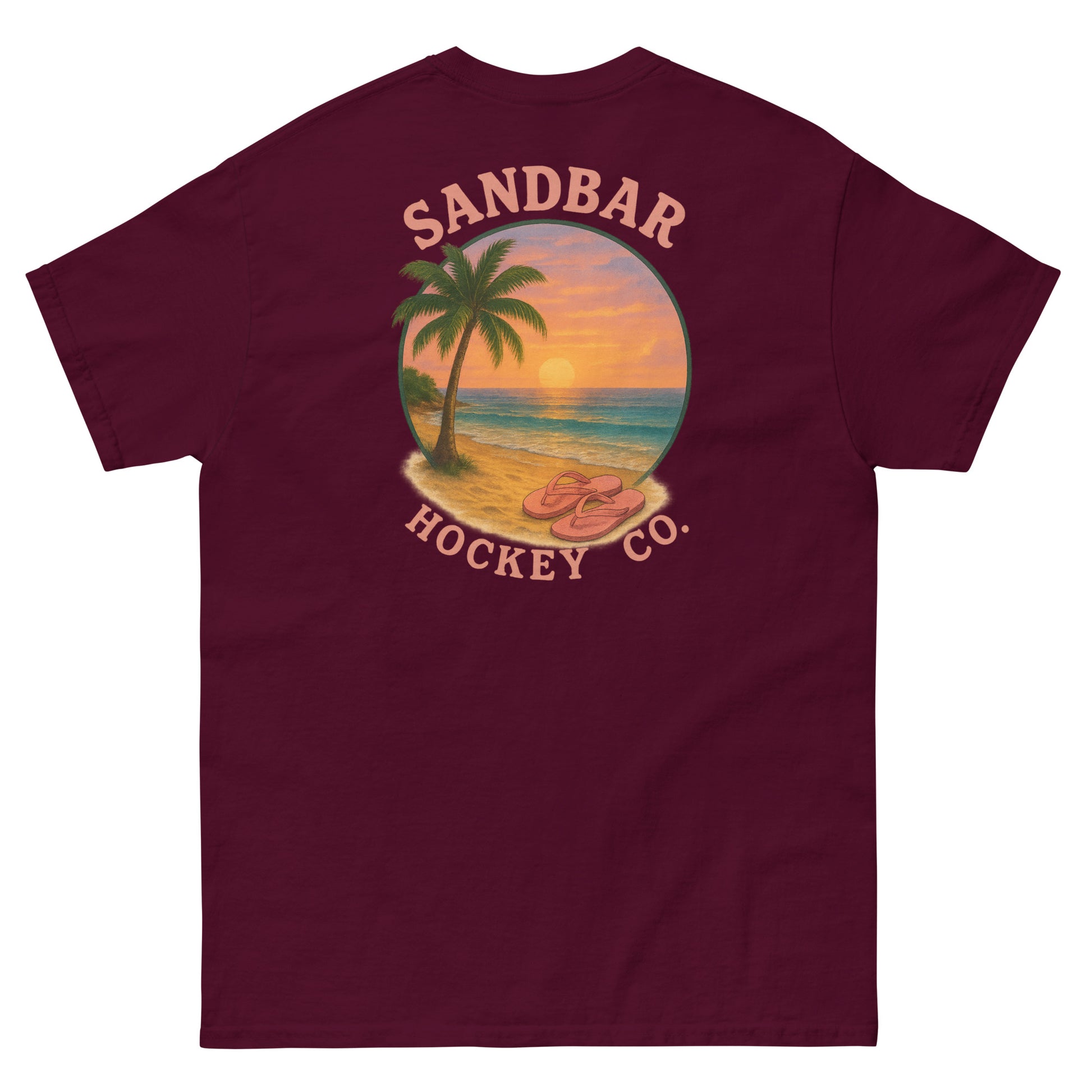 Maroon hockey t-shirt back side with beach sunset palm tree and flip flops graphic and Sandbar Hockey Co. logo