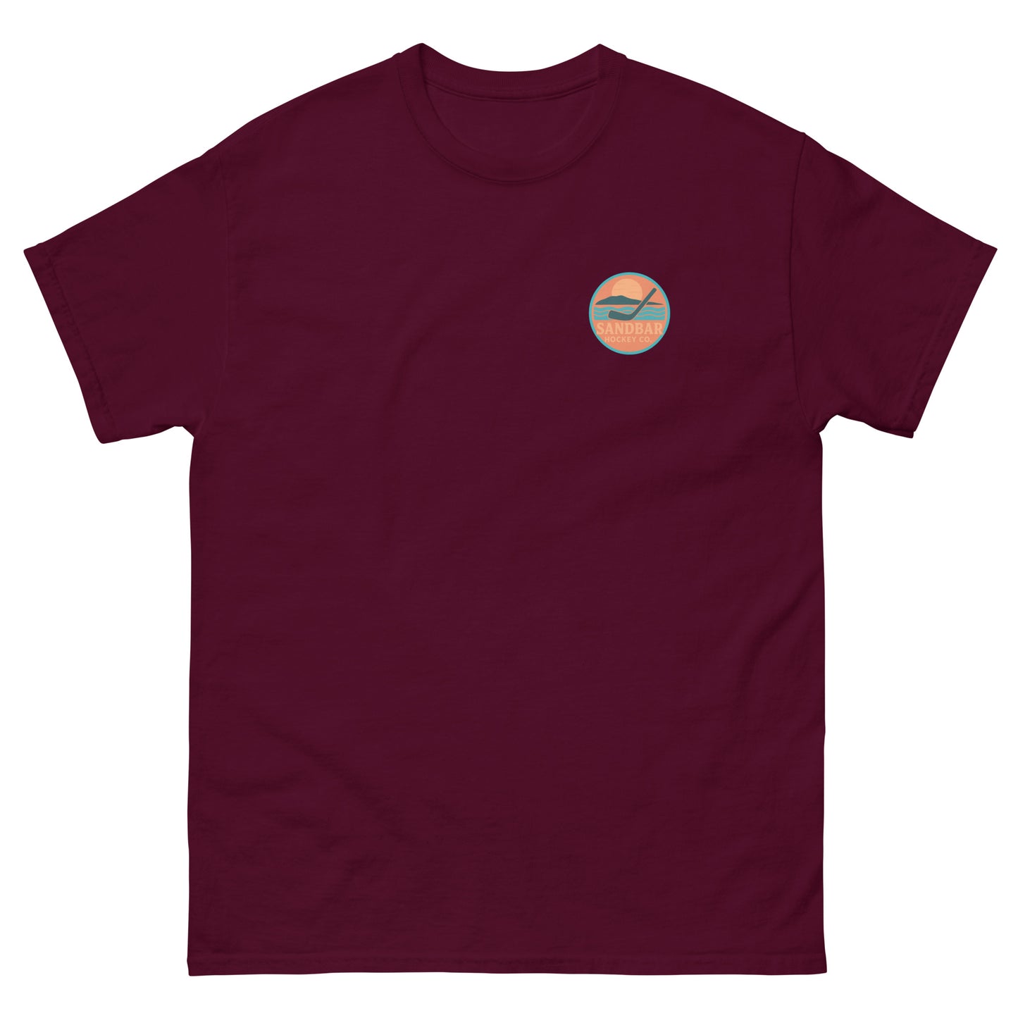Maroon hockey t-shirt front side with small circular Sandbar Hockey chest logo