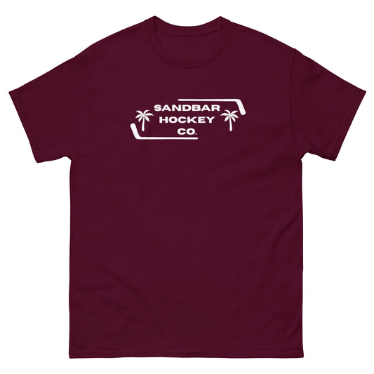Maroon Palm Frame T-Shirt with white Sandbar Hockey Co. palm frame front logo
