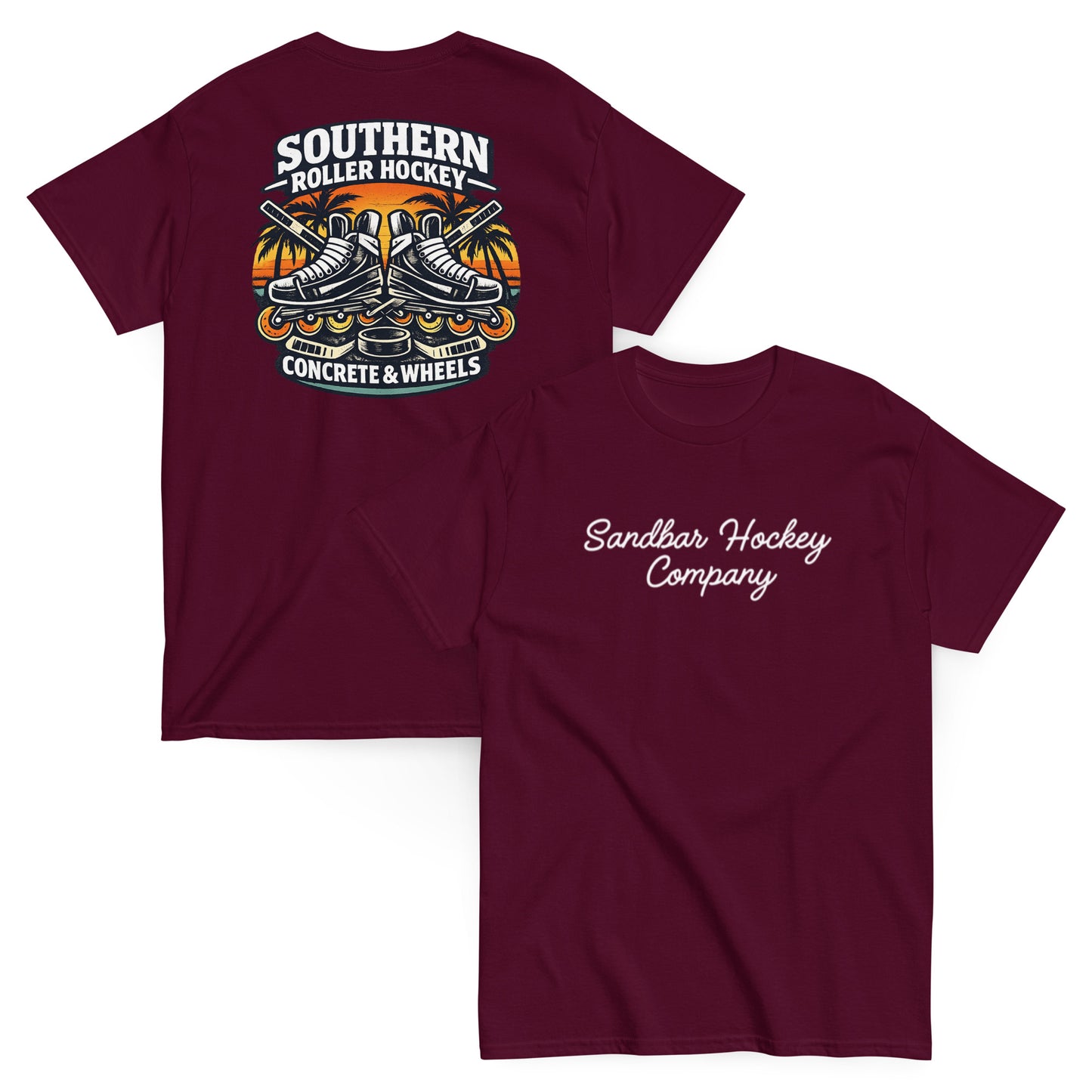 Maroon southern roller hockey t-shirt showing back graphic with crossed roller skates, hockey sticks, puck, palm trees, and front chest Sandbar Hockey Company script.