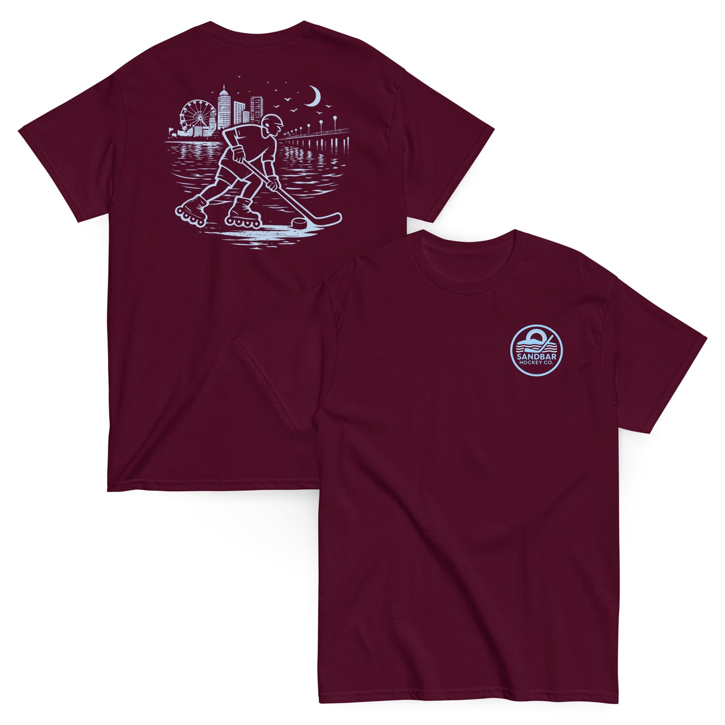 Maroon roller hockey t-shirt showing back graphic with a roller hockey player skating by the water at night and blue front chest Sandbar Hockey Co. logo.