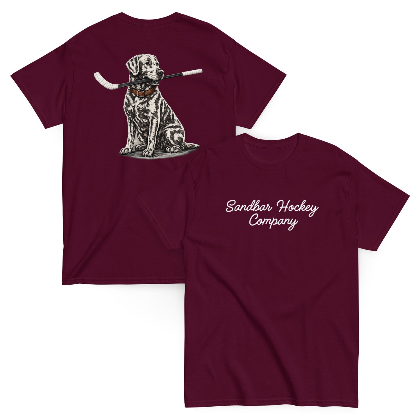 Maroon hockey t-shirt shown with both sides, featuring the dog-with-hockey-stick back graphic and the white Sandbar Hockey Company script logo on the front chest.