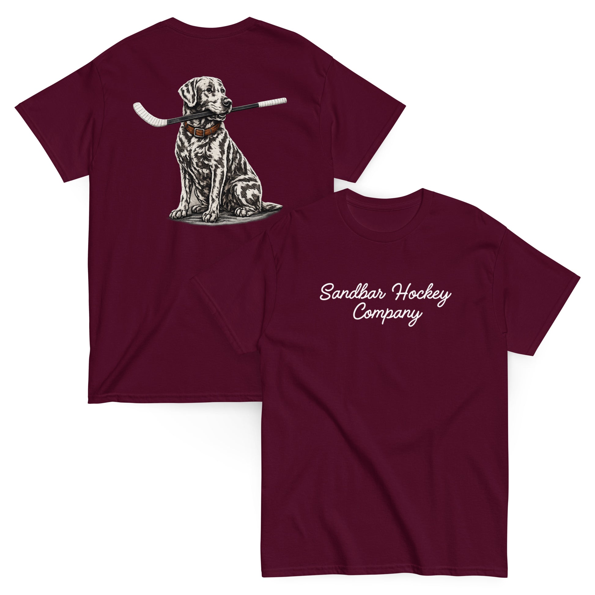 Maroon hockey t-shirt shown with both sides, featuring the dog-with-hockey-stick back graphic and the white Sandbar Hockey Company script logo on the front chest.