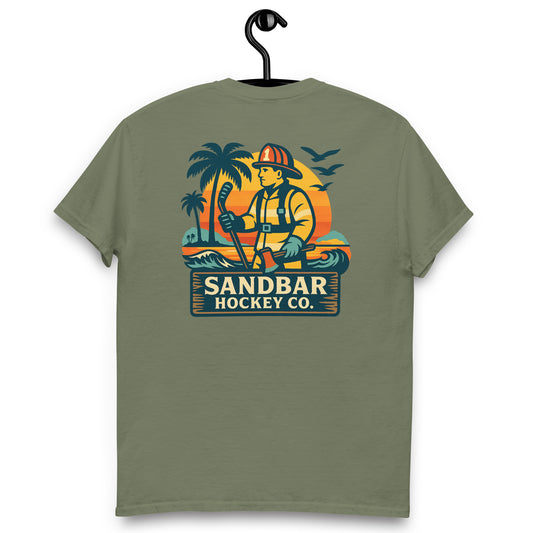 Military green hockey t-shirt front side with firefighter beach sunset graphic and Sandbar Hockey Co. design