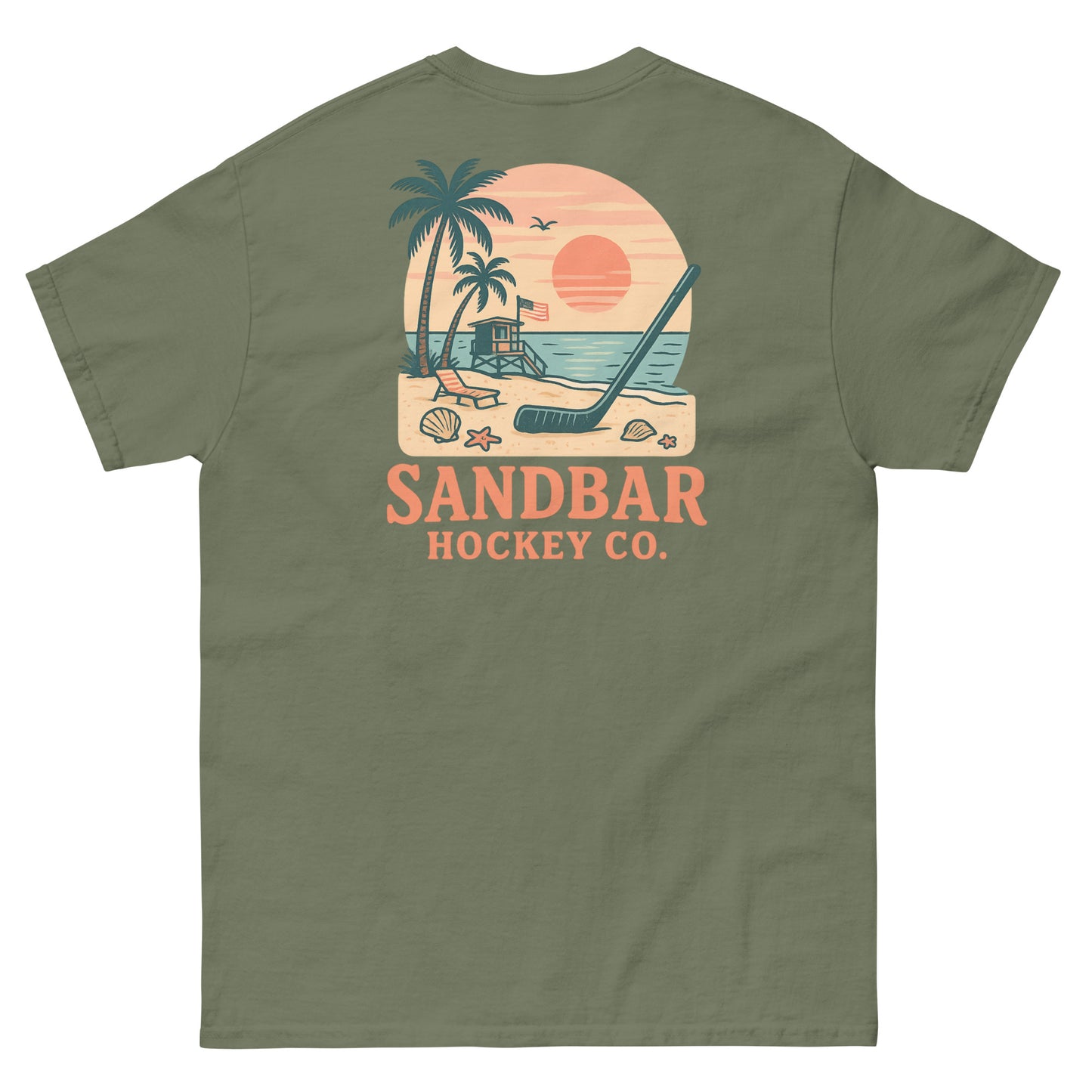 Military green hockey t-shirt back side with beach sunset lifeguard stand graphic and Sandbar Hockey Co. logo