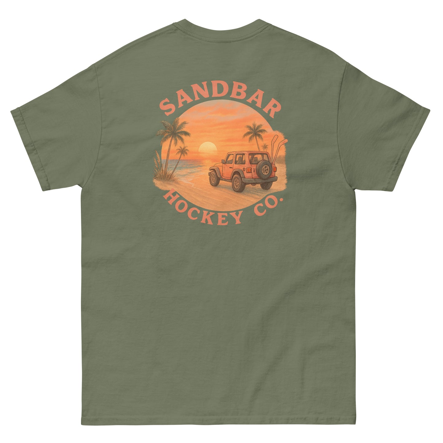 Military green hockey t-shirt back side with beach sunset jeep graphic and Sandbar Hockey Co. logo