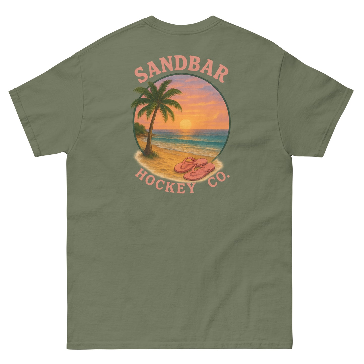 Military green hockey t-shirt back side with beach sunset palm tree and flip flops graphic and Sandbar Hockey Co. logo