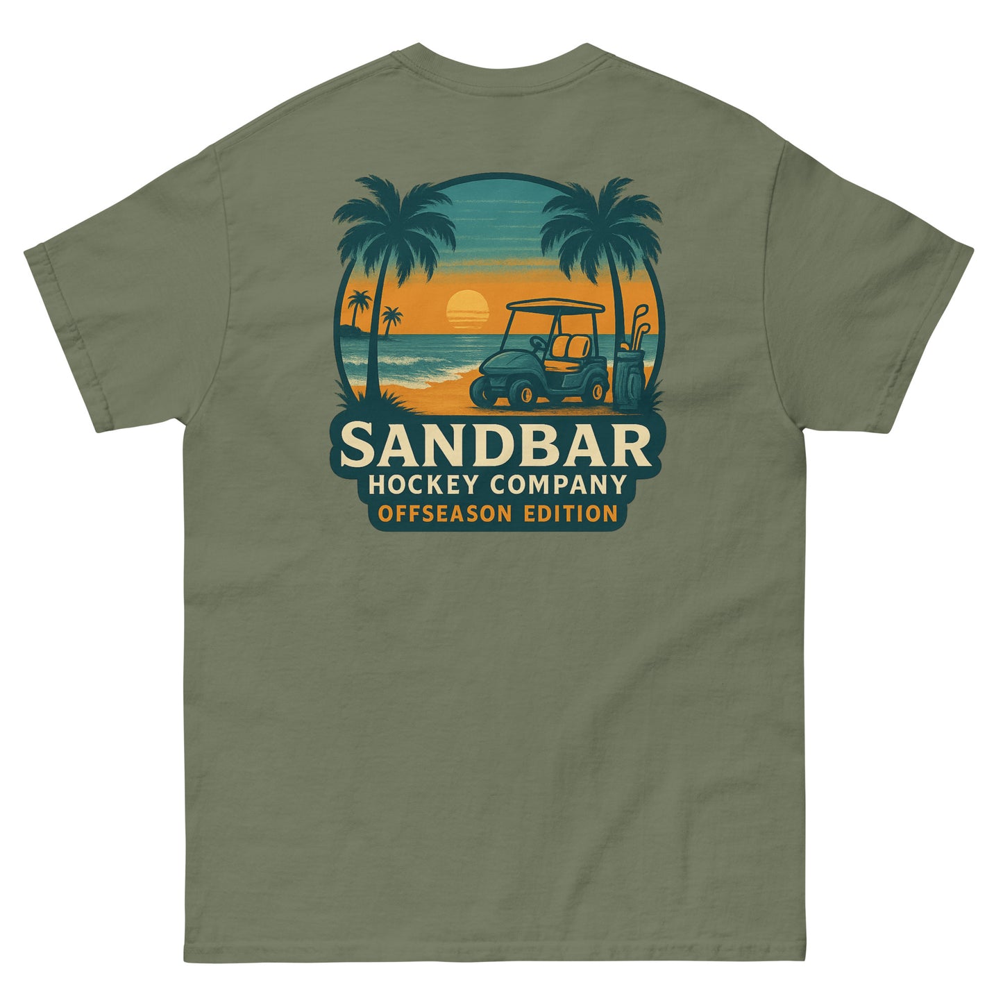 Military Green T-shirt with a large back graphic of a beach sunset scene featuring palm trees, ocean waves, a golf cart, hockey sticks, and the text “Sandbar Hockey Company Offseason Edition.”
