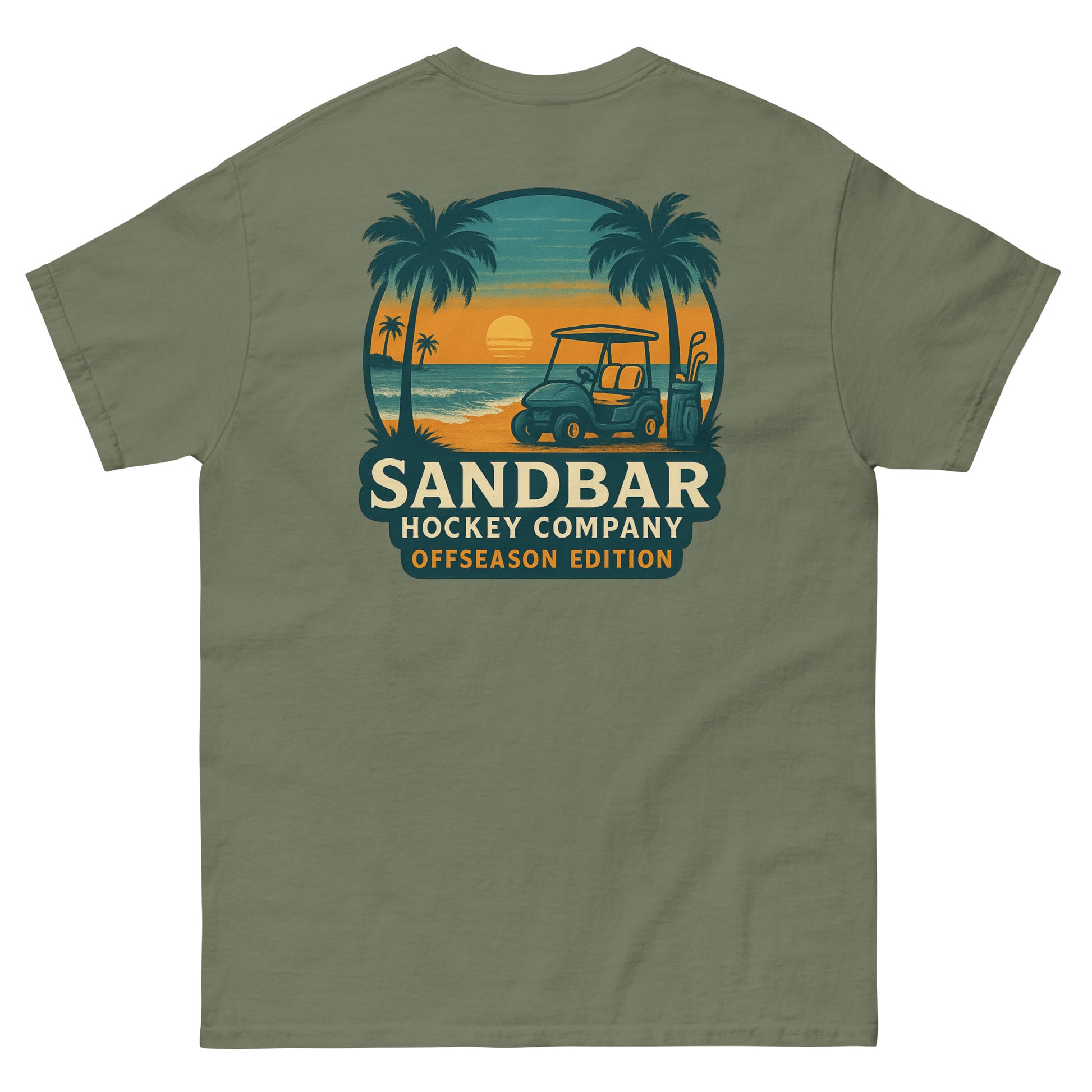Military Green T-shirt with a large back graphic of a beach sunset scene featuring palm trees, ocean waves, a golf cart, hockey sticks, and the text “Sandbar Hockey Company Offseason Edition.”