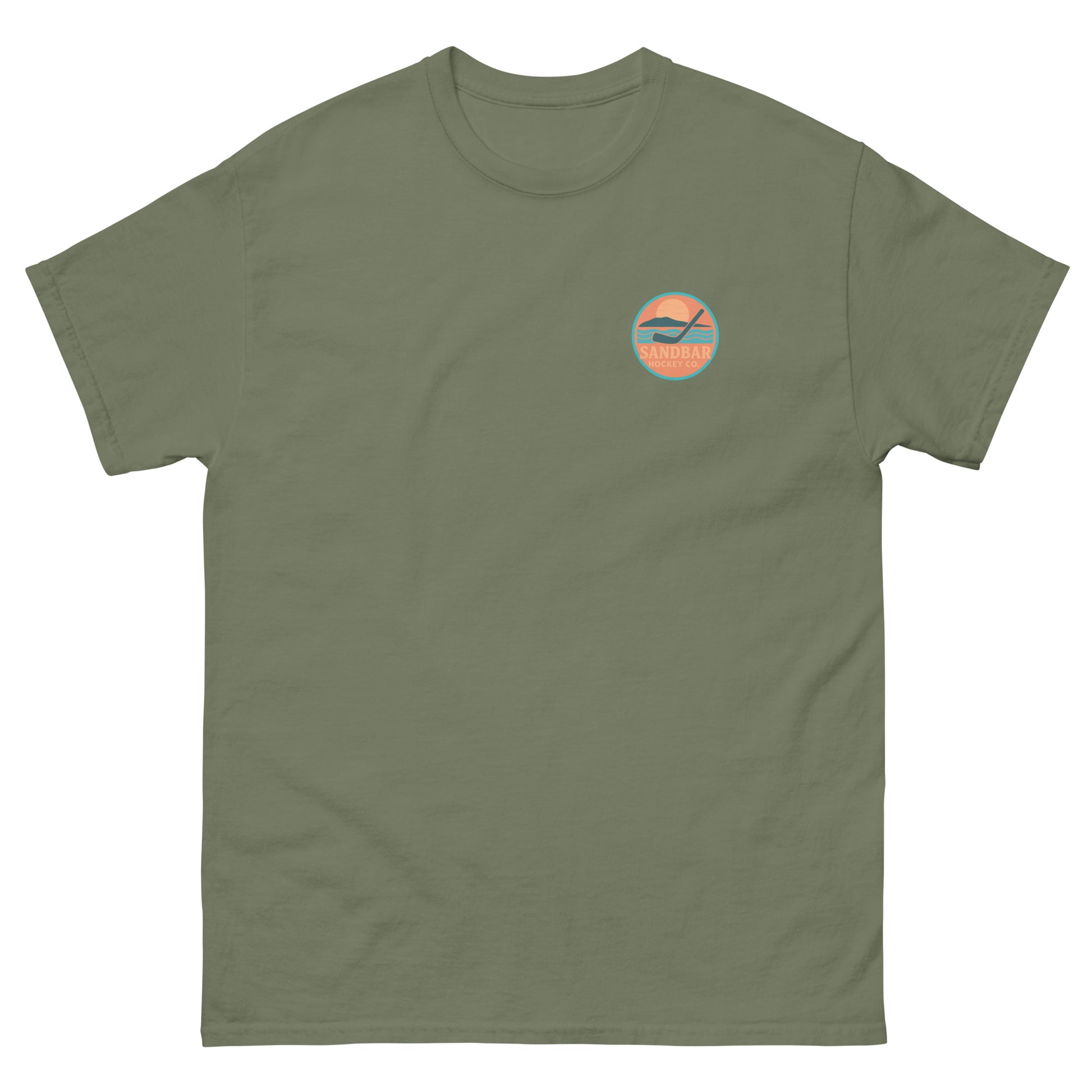 Military green hockey t-shirt front side with small circular Sandbar Hockey chest logo