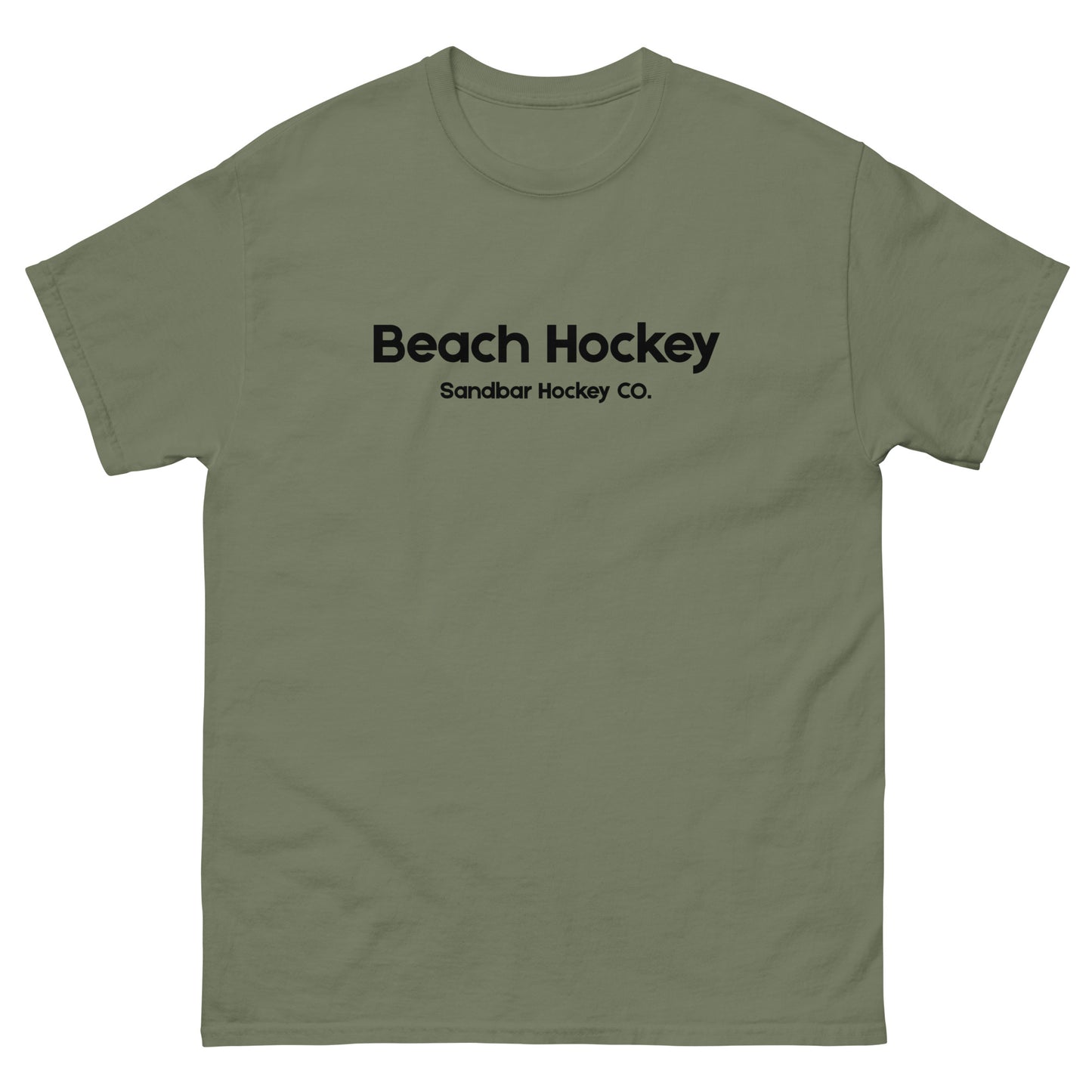 Military green beach hockey t-shirt front view with Beach Hockey Sandbar Hockey Co. text on the chest.