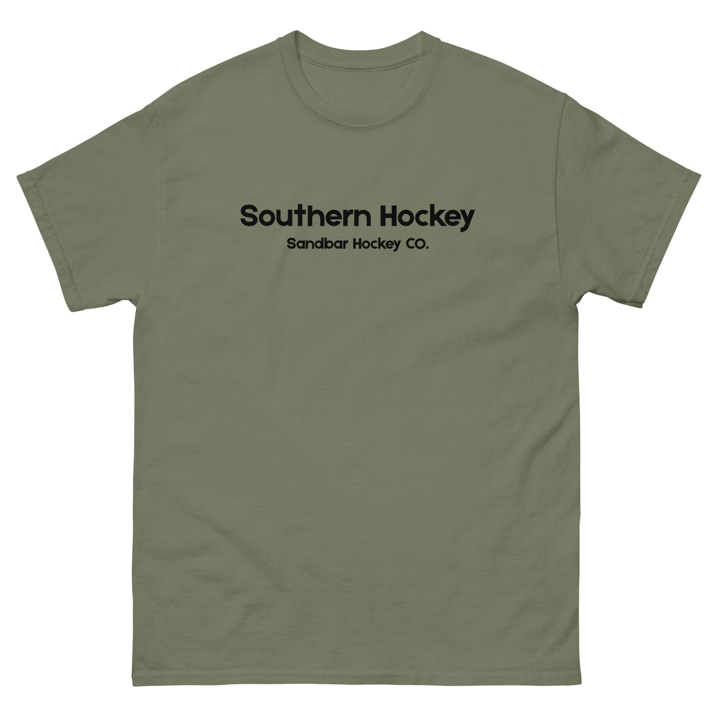 Military green southern hockey t-shirt front view with Southern Hockey Sandbar Hockey Co. text on the chest.