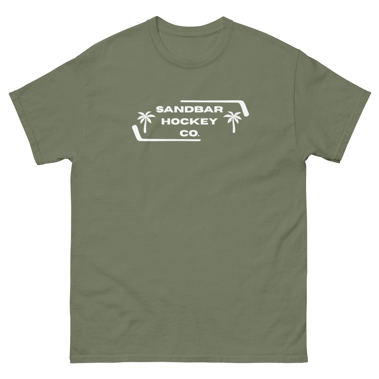 Military green Palm Frame T-Shirt with white Sandbar Hockey Co. palm frame front logo