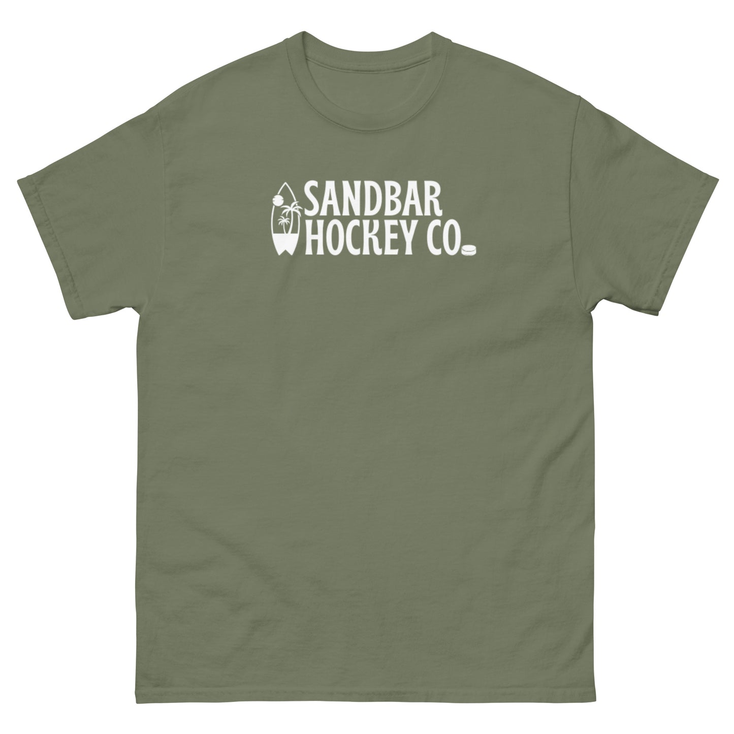 Military green Surf Stick T-Shirt with white Sandbar Hockey Co. surfboard front logo