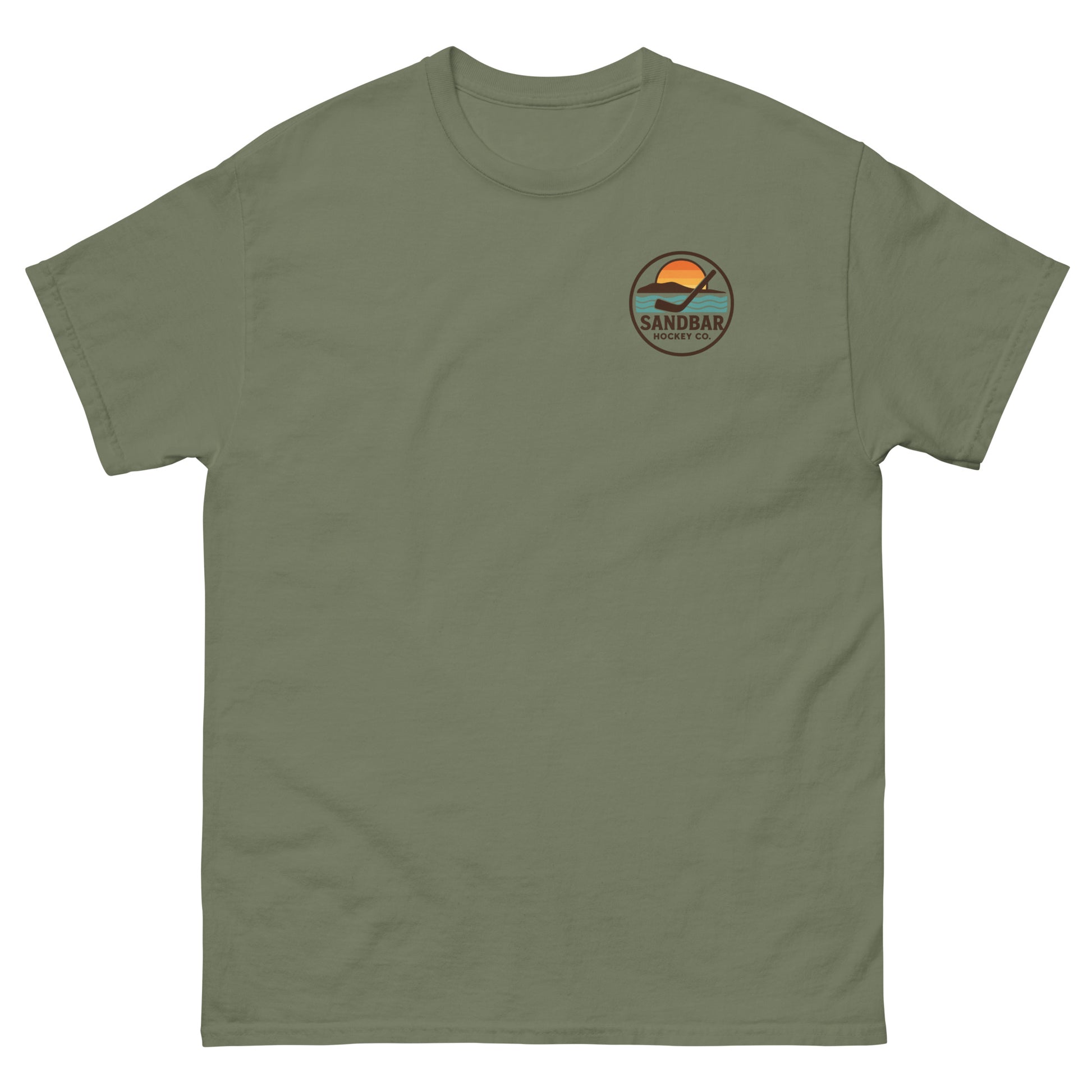 Military Green T-shirt with a small left chest logo showing a sunset, ocean waves, and a hockey stick with the text “Sandbar Hockey Co.”