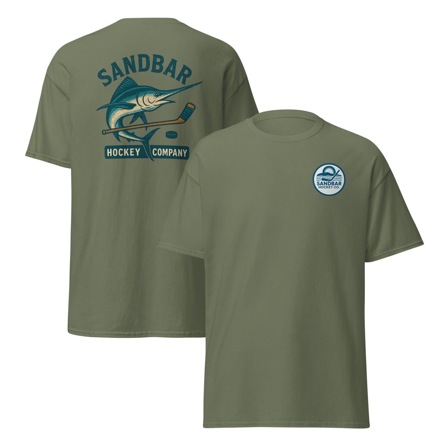 Military green hockey t-shirt front and back combo view with marlin and hockey stick back graphic and small circular Sandbar Hockey Co. chest logo