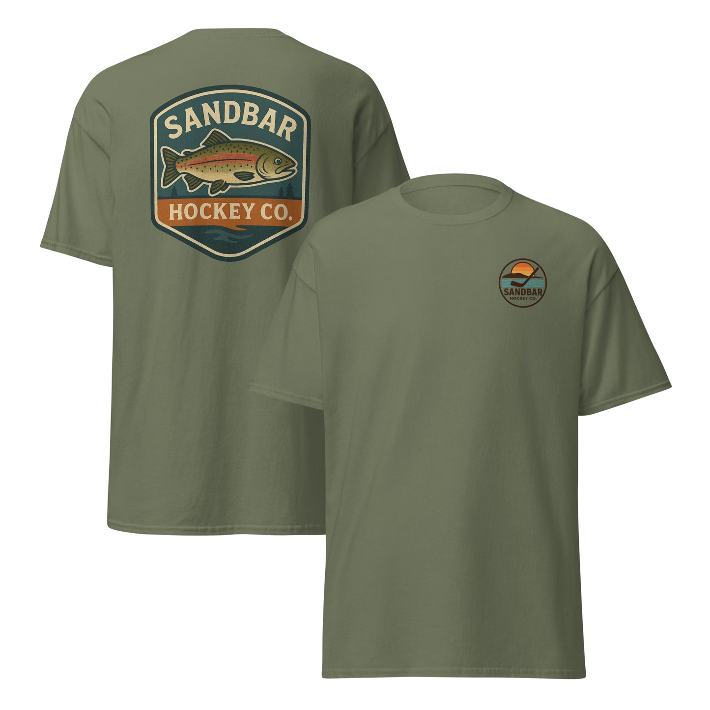 Military green hockey t-shirt front and back combo view with trout badge back graphic and small circular Sandbar Hockey Co. sunset, water, island, and hockey stick chest logo