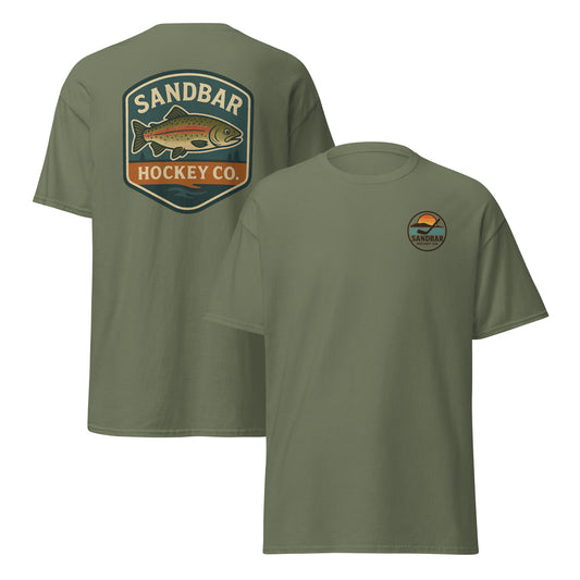 Military green hockey t-shirt front and back combo view with trout badge back graphic and small circular Sandbar Hockey Co. sunset, water, island, and hockey stick chest logo