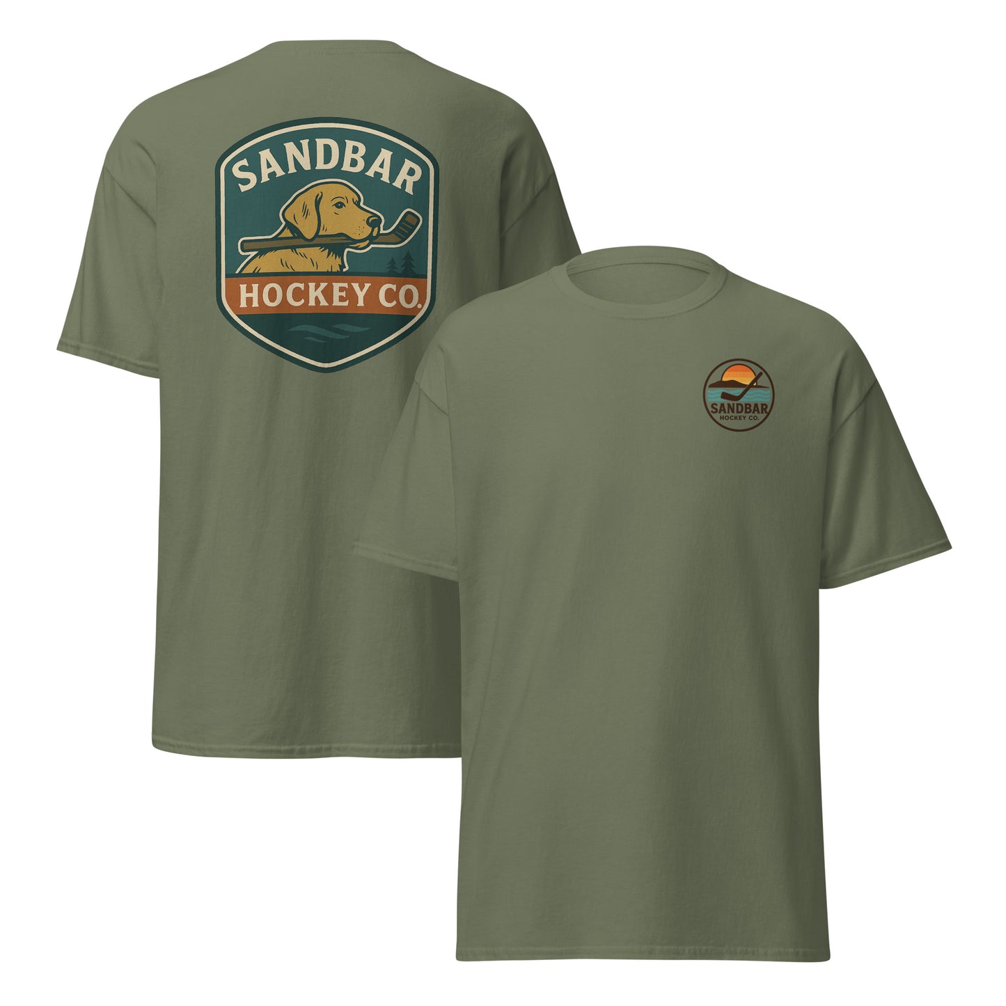 Military green Sandbar Hockey Dog Badge T-Shirt front and back mockup with large shield-style back graphic of a dog holding a hockey stick in its mouth and small circular Sandbar Hockey Co. chest logo on front