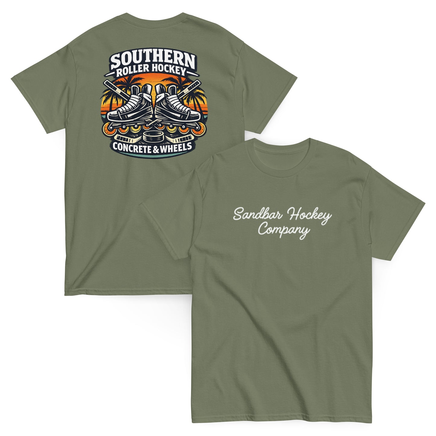 Military green southern roller hockey t-shirt showing back graphic with crossed roller skates, hockey sticks, puck, palm trees, and front chest Sandbar Hockey Company script.