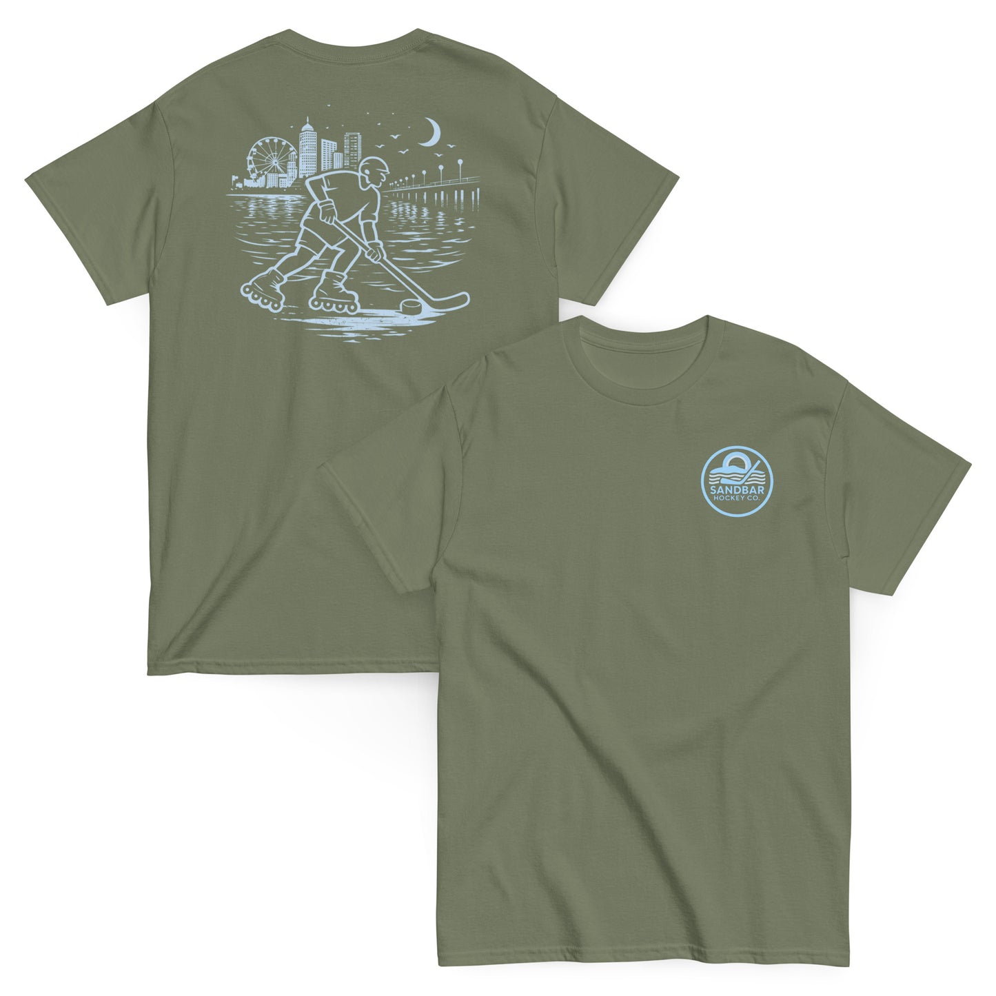 Military green roller hockey t-shirt showing back graphic with a roller hockey player skating by the water at night and blue front chest Sandbar Hockey Co. logo.