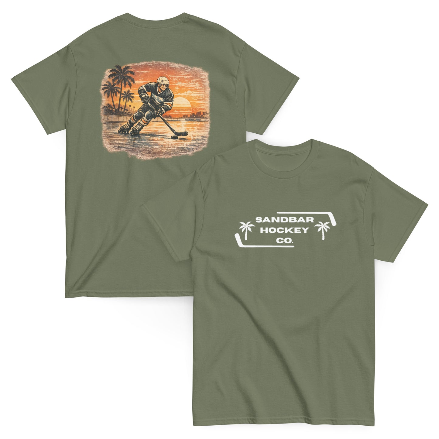 Military green Sunset Glide Roller Hockey T-Shirt with large vintage coastal hockey back graphic and white Sandbar Hockey Co. front chest logo