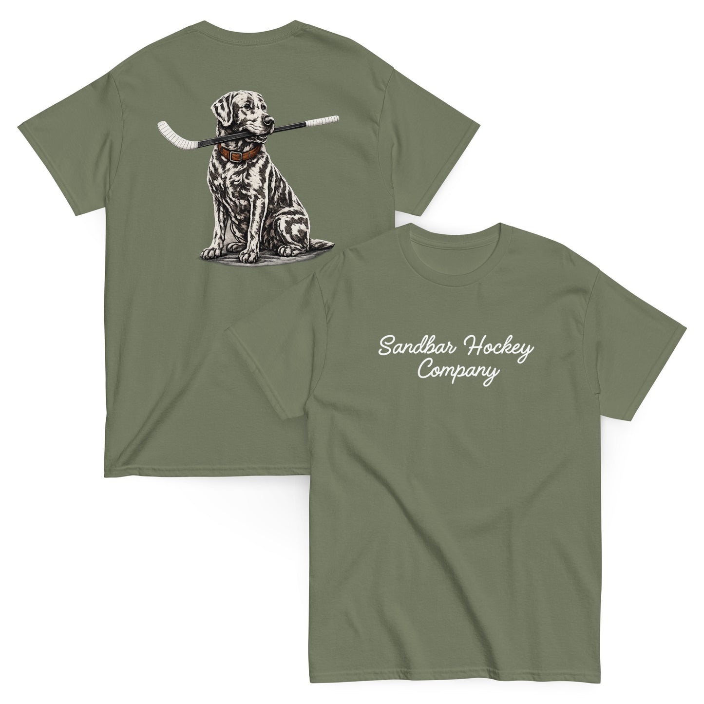 Military green hockey t-shirt shown with both sides, featuring the dog-with-hockey-stick back graphic and the white Sandbar Hockey Company script logo on the front chest.