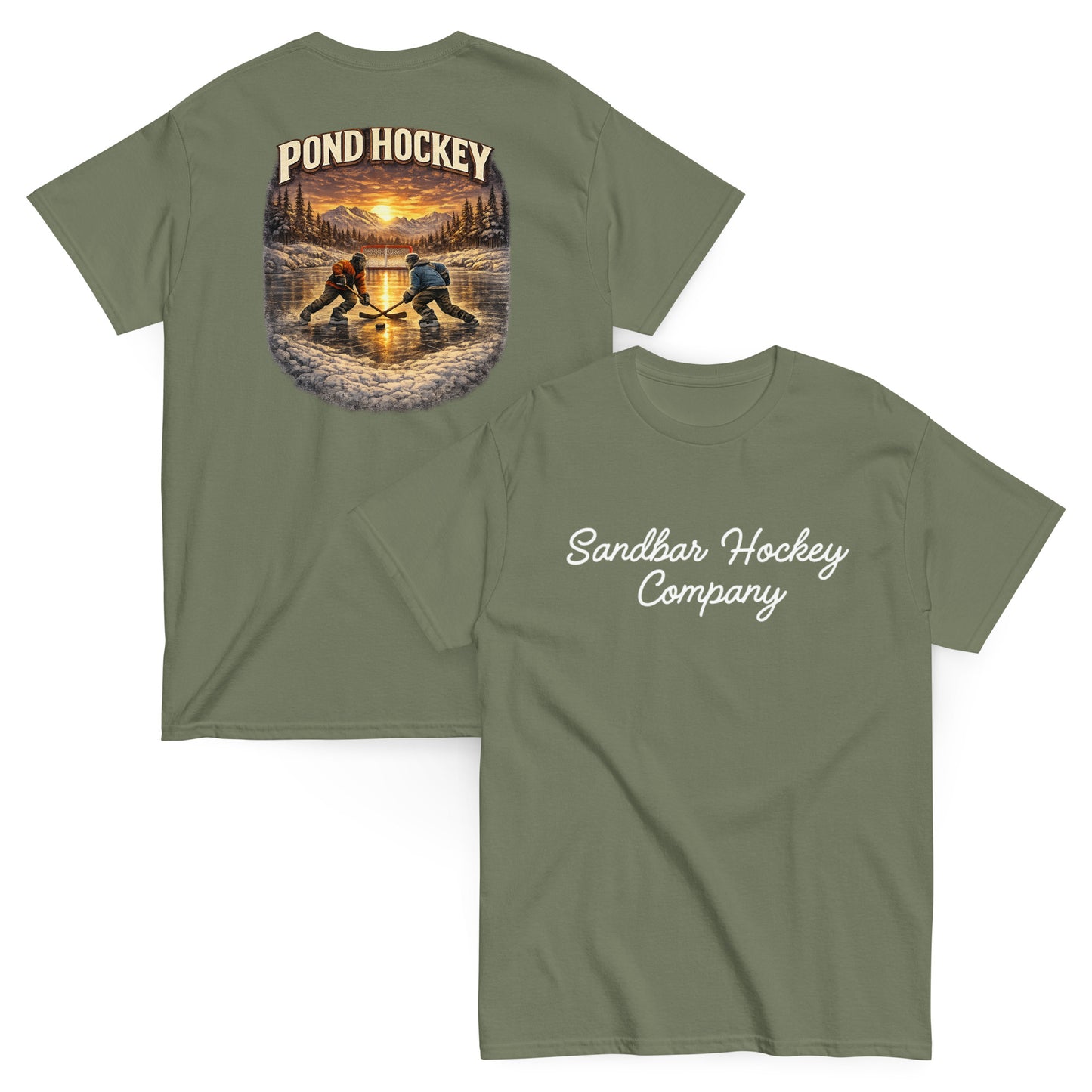 Green short-sleeve T-shirt mockup showing front and back views. The back features a vintage-style pond hockey graphic with two players on a frozen pond at sunset, pine trees, mountains, and the words “POND HOCKEY” above. The front has “Sandbar Hockey Company” in white script across the chest.