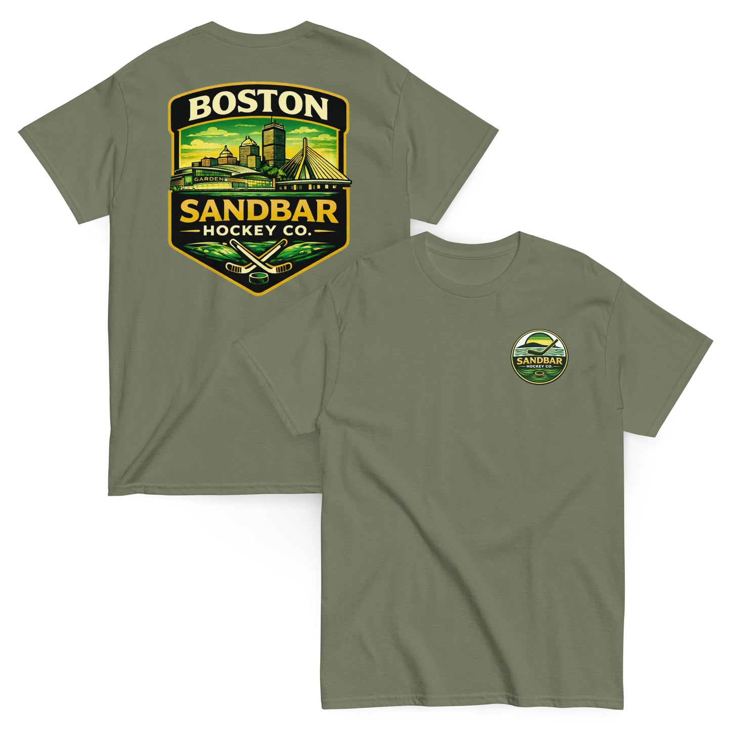 Boston Sandbar Hockey Co. military green t-shirt mockup showing the front and back of the shirt, with a small circular Sandbar Hockey Co. logo on the front left chest and a large Boston skyline hockey graphic on the back.