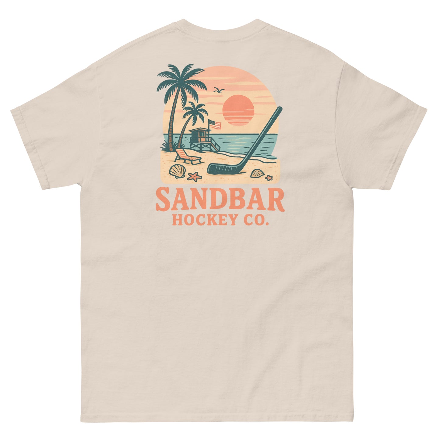 Sand hockey t-shirt back side with beach sunset lifeguard stand graphic and Sandbar Hockey Co. logo