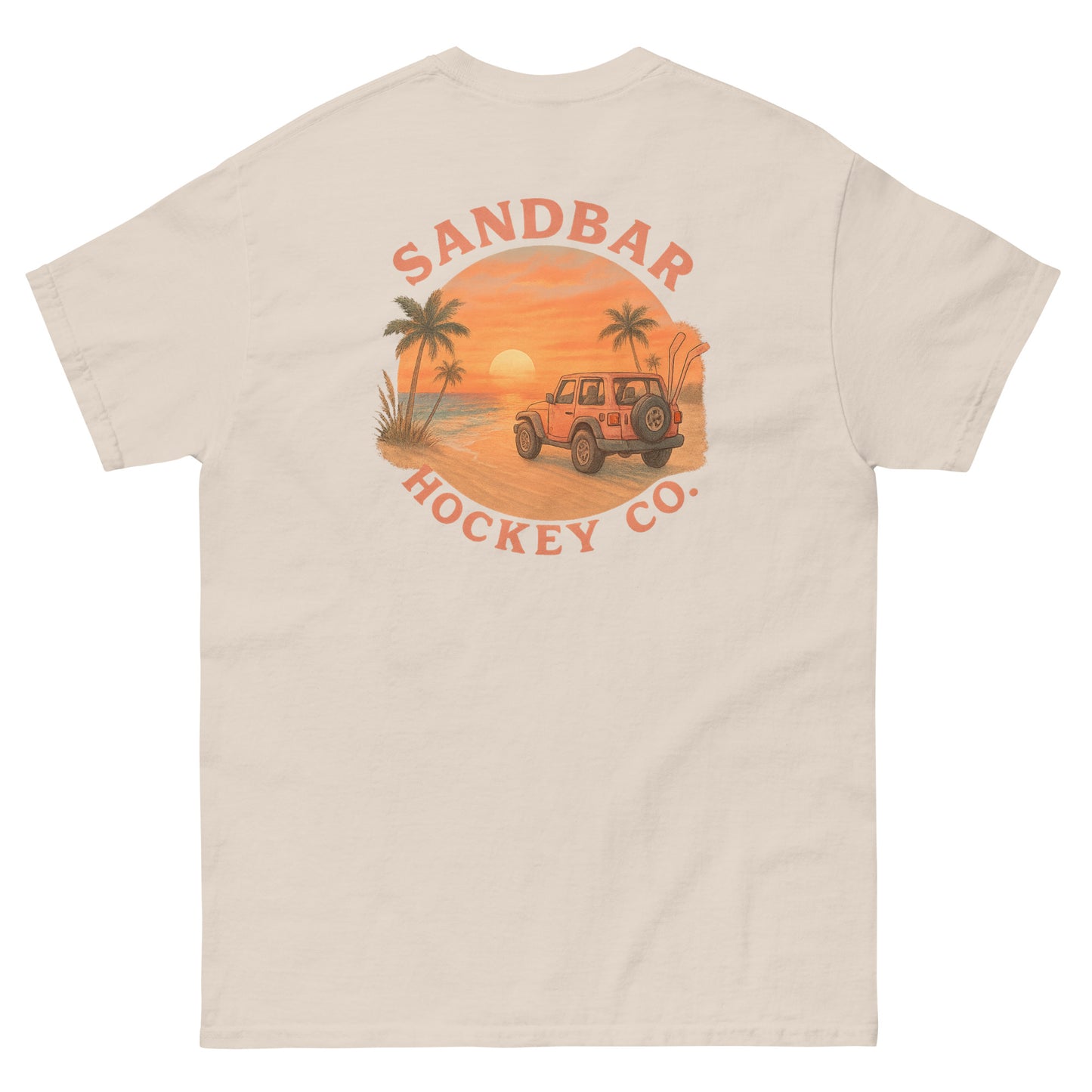 Natural hockey t-shirt back side with beach sunset jeep graphic and Sandbar Hockey Co. logo