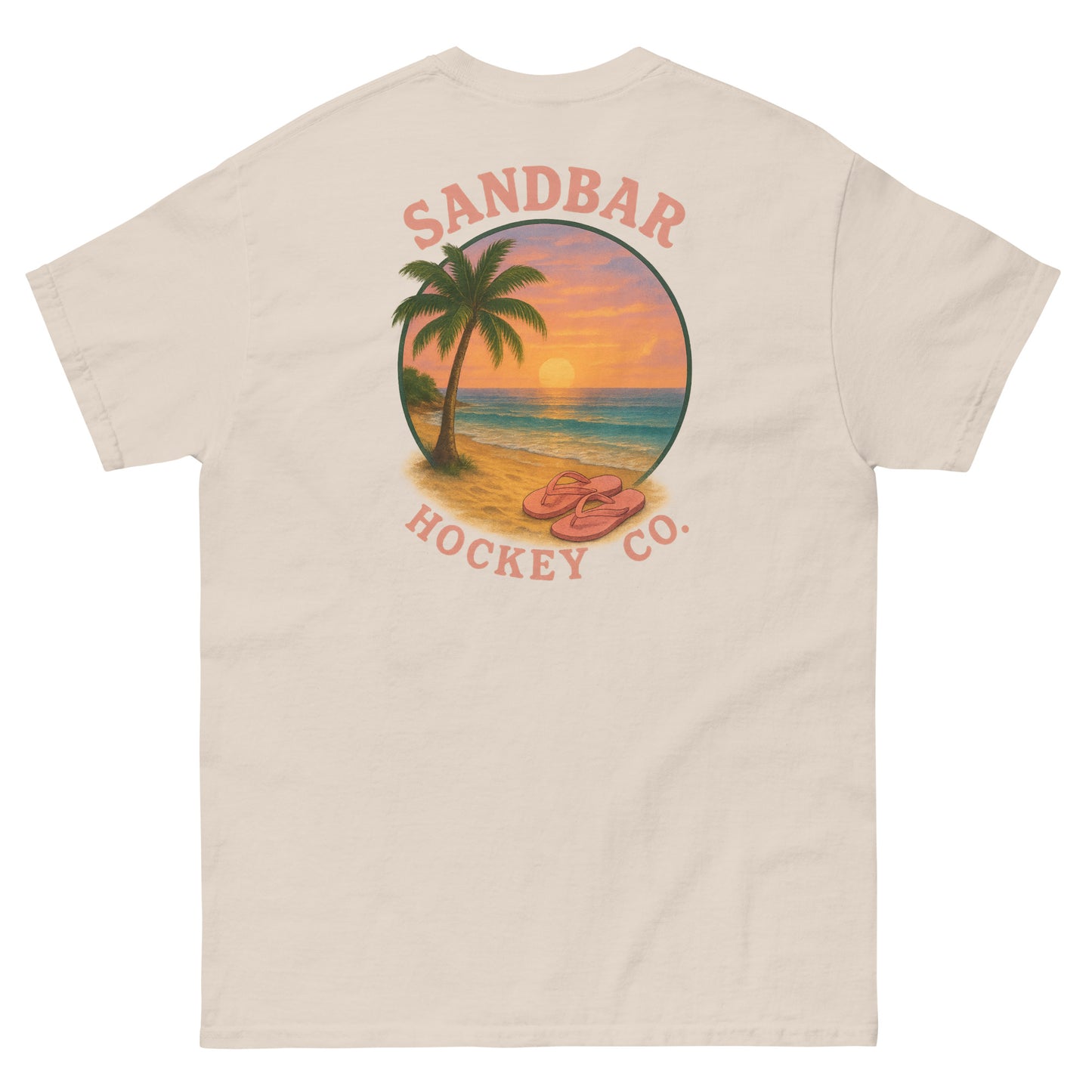 Natural hockey t-shirt back side with beach sunset palm tree and flip flops graphic and Sandbar Hockey Co. logo