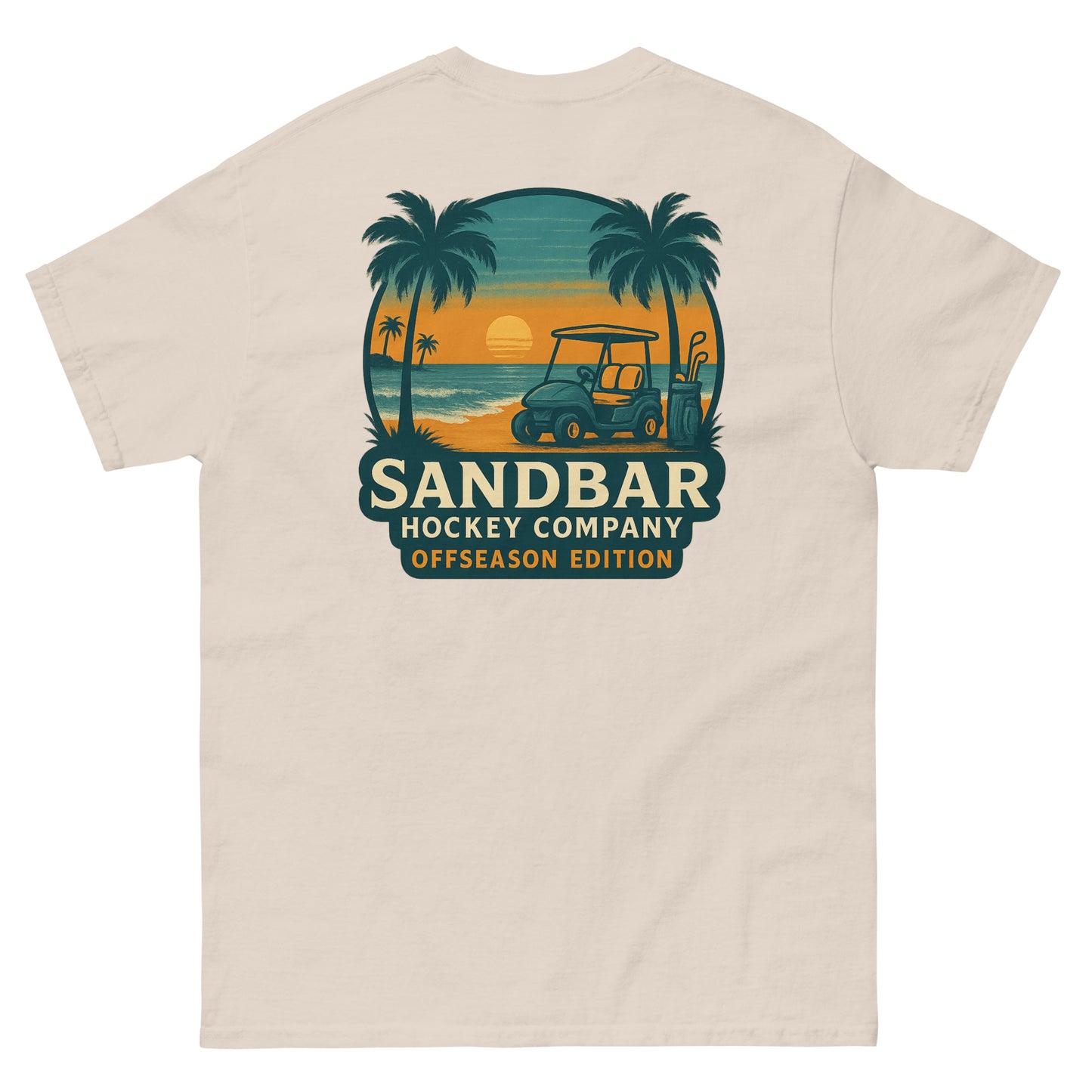 Natural T-shirt with a large back graphic of a beach sunset scene featuring palm trees, ocean waves, a golf cart, hockey sticks, and the text “Sandbar Hockey Company Offseason Edition.”