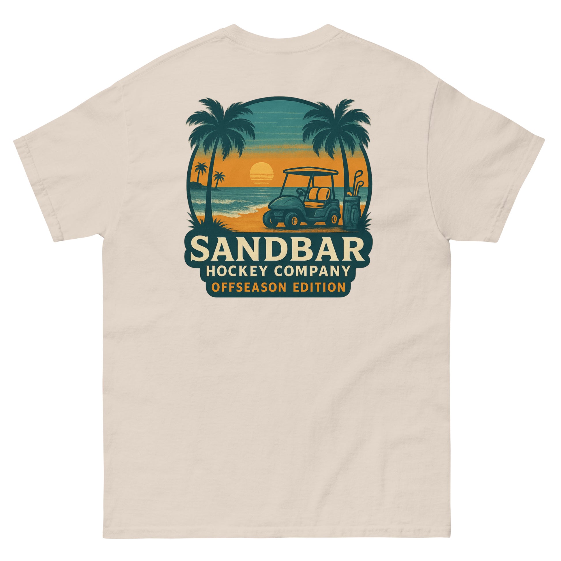 Natural T-shirt with a large back graphic of a beach sunset scene featuring palm trees, ocean waves, a golf cart, hockey sticks, and the text “Sandbar Hockey Company Offseason Edition.”