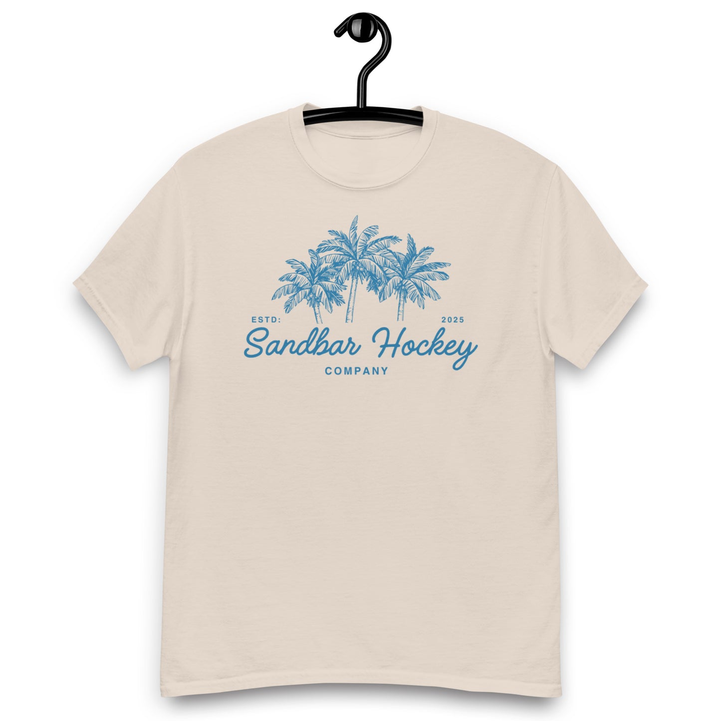 Cream hockey t-shirt front side with blue palm tree graphic and Sandbar Hockey Company cursive logo