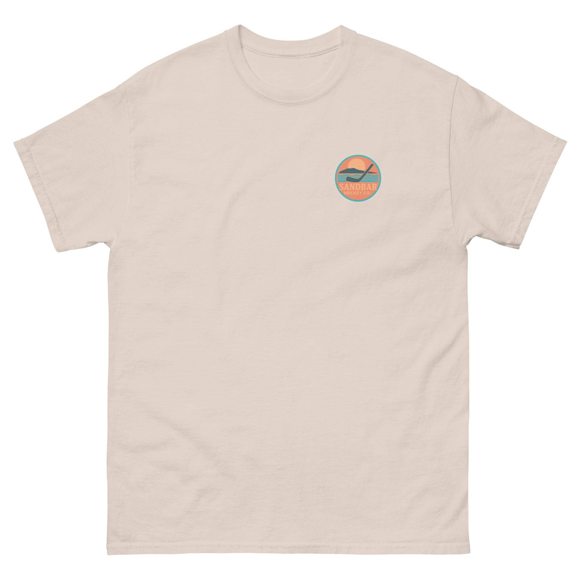 Sand hockey t-shirt front side with small circular Sandbar Hockey chest logo