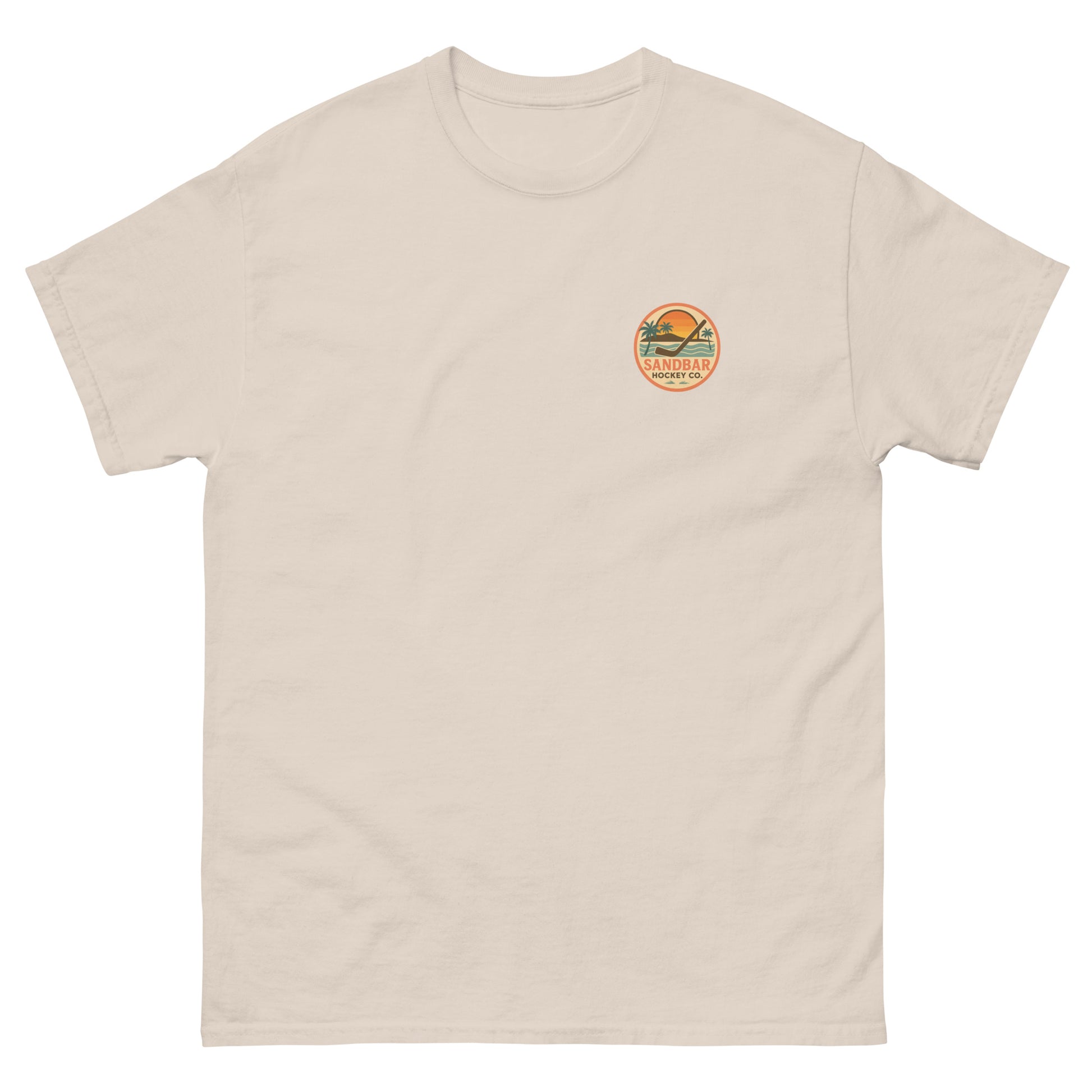 Natural hockey t-shirt front side with small circular Sandbar Hockey Co. sunset, palm tree, ocean wave, and hockey stick chest logo