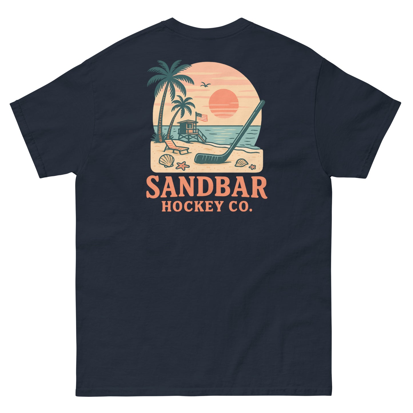 Navy hockey t-shirt back side with beach sunset lifeguard stand graphic and Sandbar Hockey Co. logo