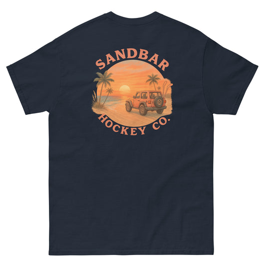 Navy hockey t-shirt back side with beach sunset jeep graphic and Sandbar Hockey Co. logo