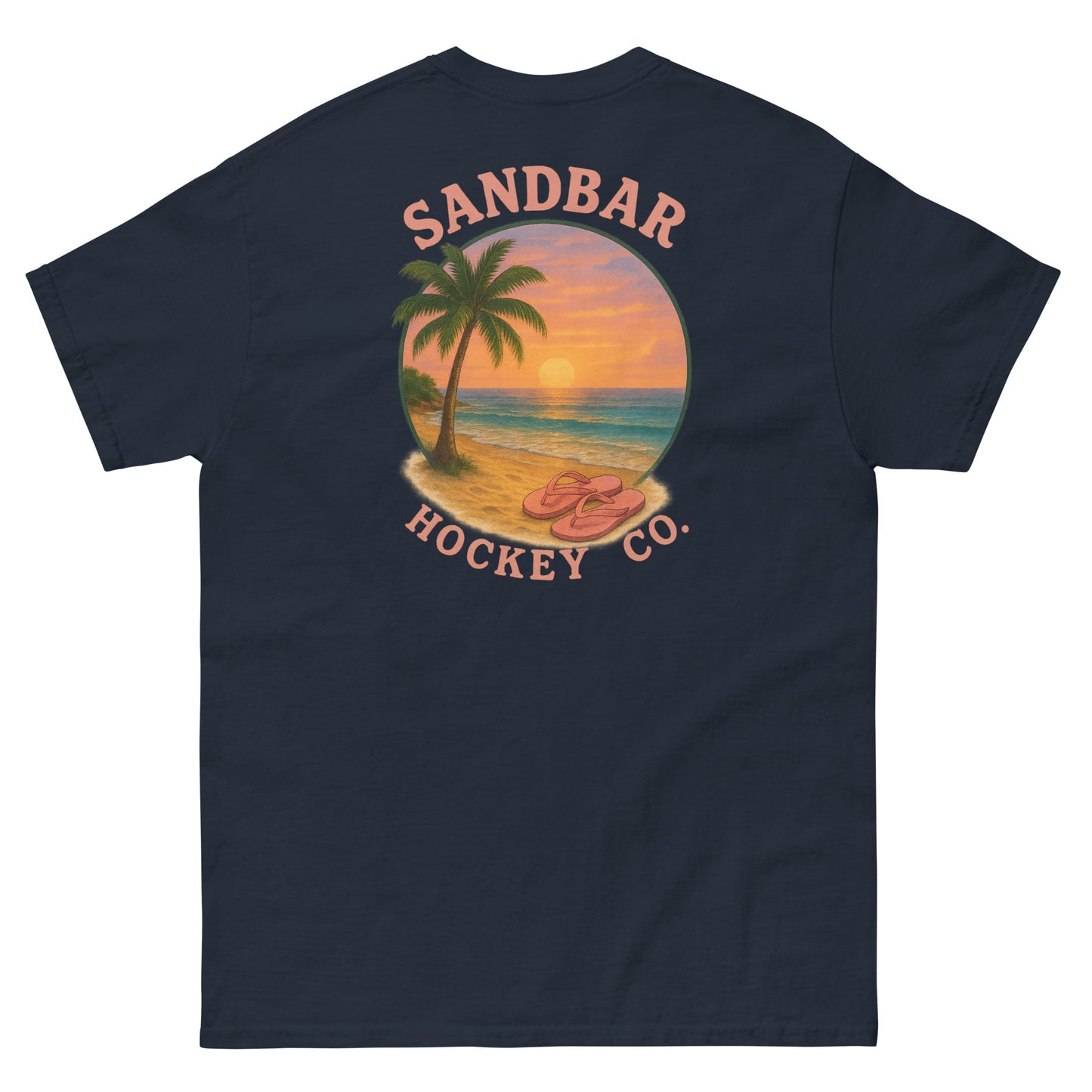Navy hockey t-shirt back side with beach sunset palm tree and flip flops graphic and Sandbar Hockey Co. logo