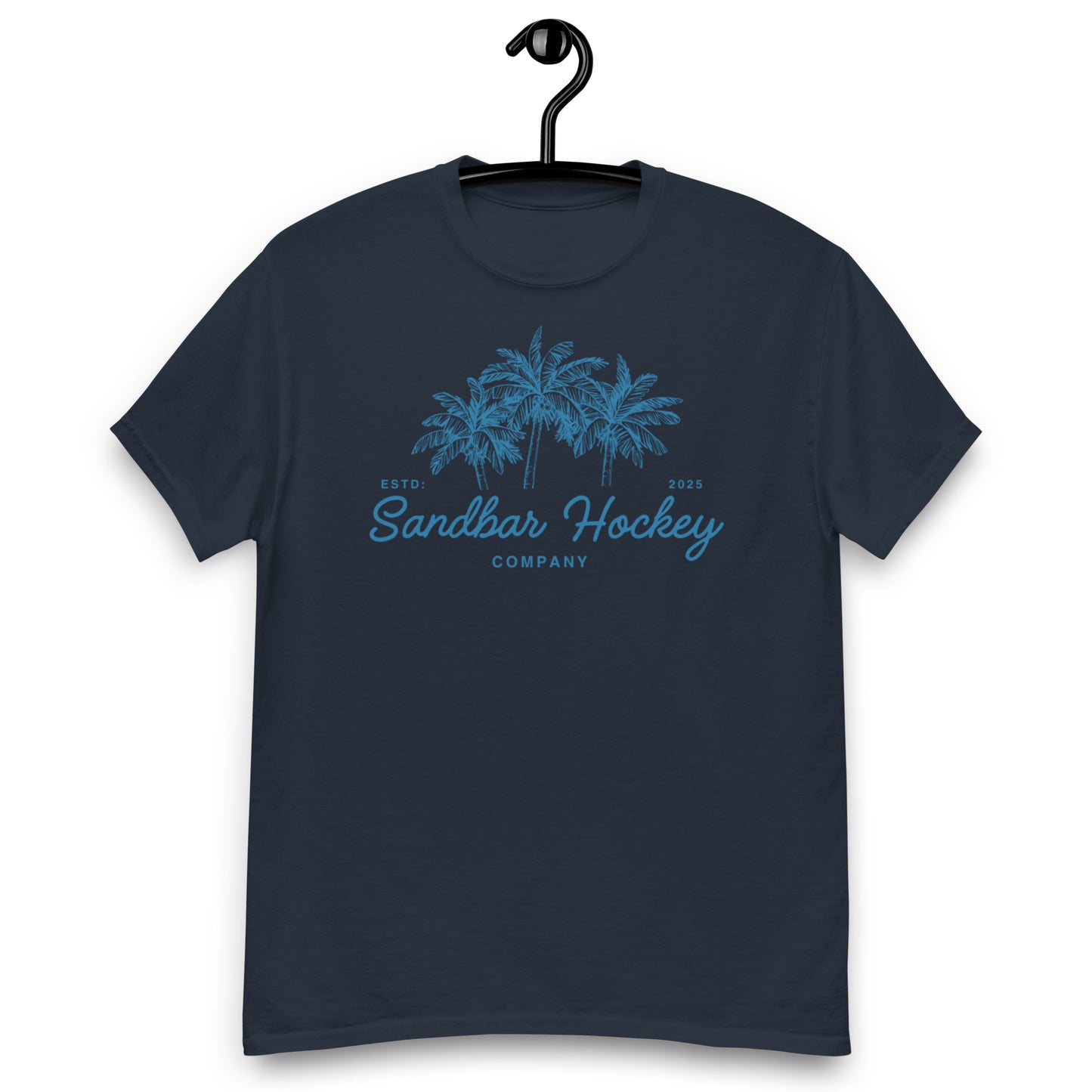 Navy hockey t-shirt front side with blue palm tree graphic and Sandbar Hockey Company cursive logo