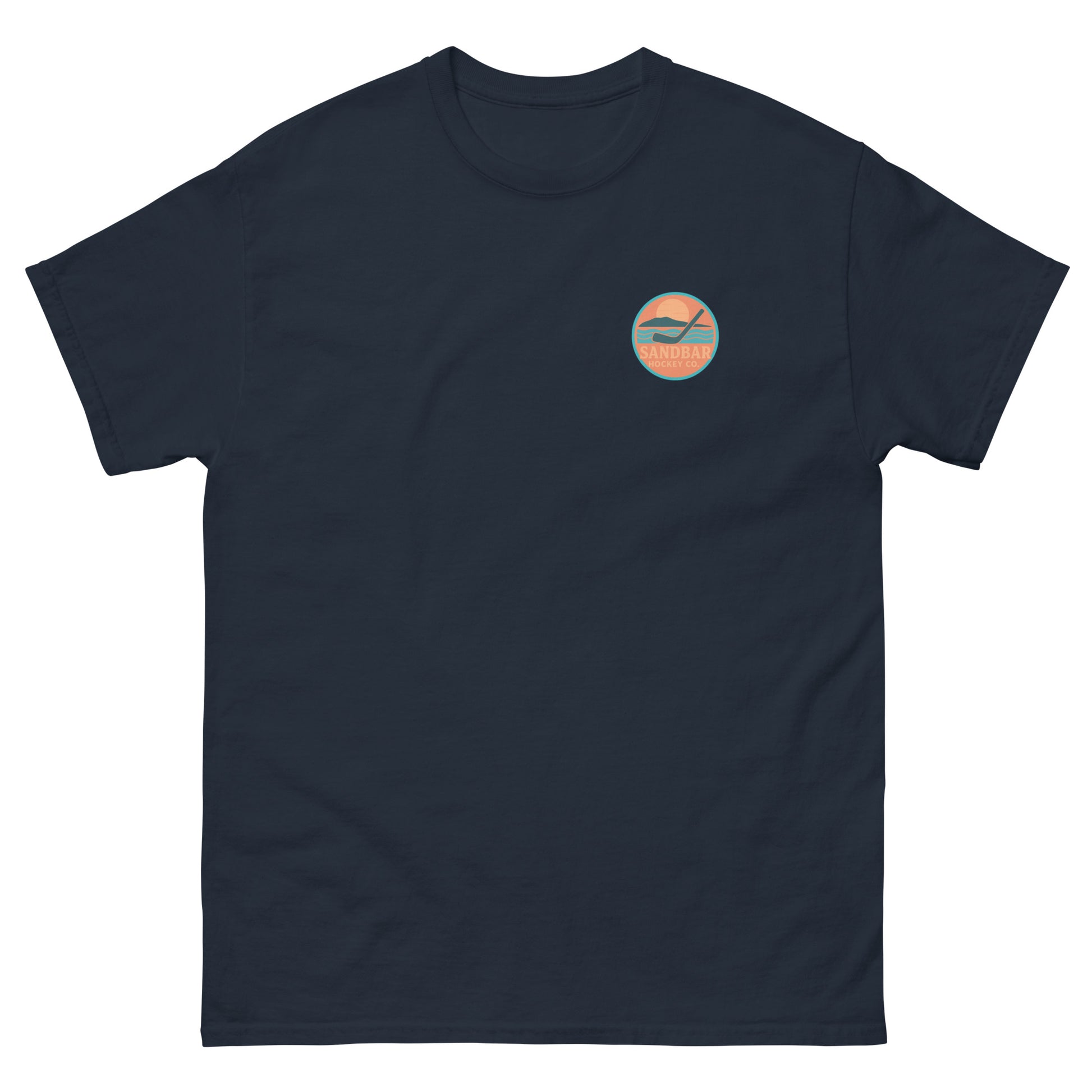 Navy hockey t-shirt front side with small circular Sandbar Hockey chest logo