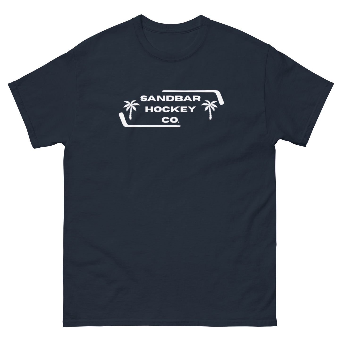 Navy blue Palm Frame T-Shirt with white Sandbar Hockey Co. palm frame front logo