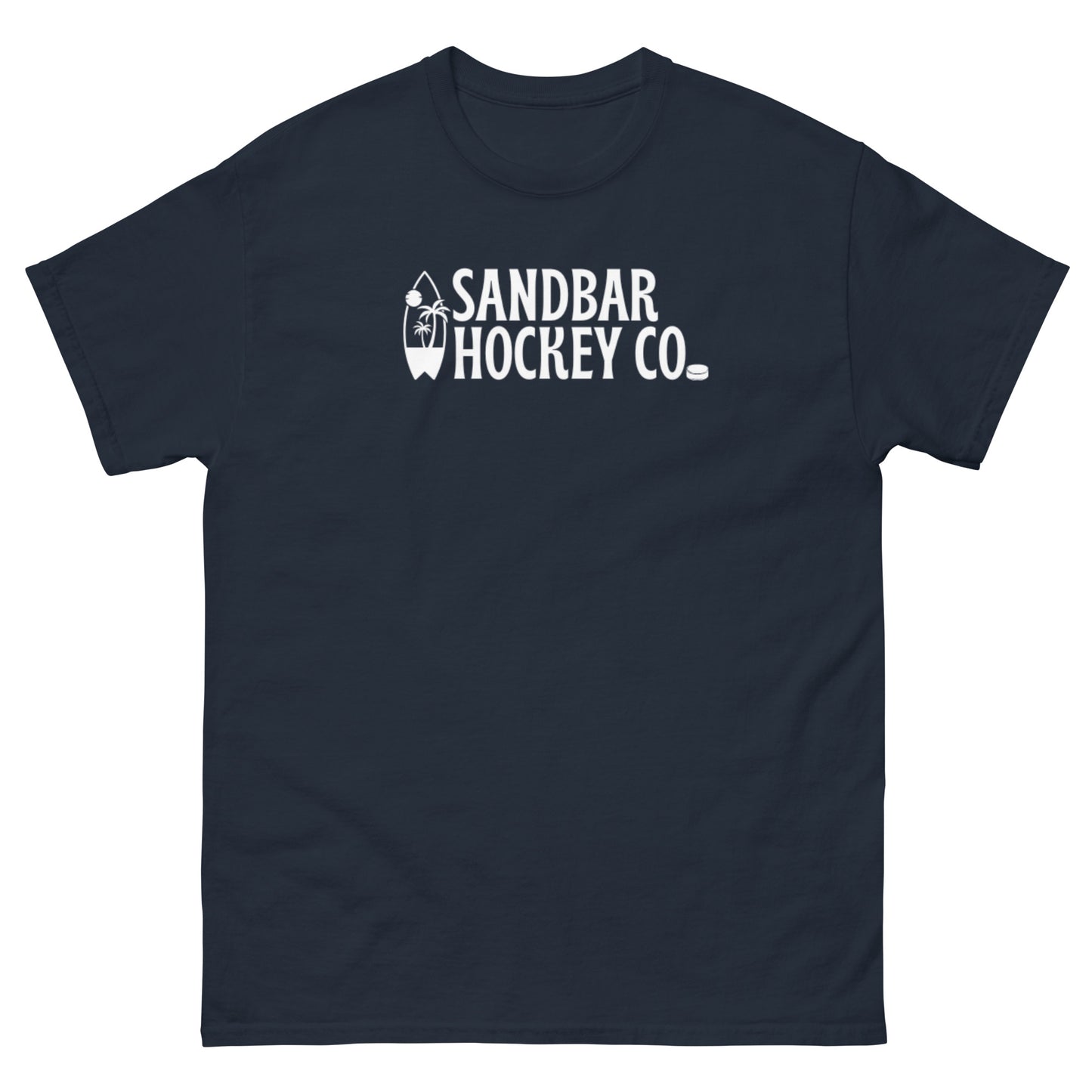 Navy blue Surf Stick T-Shirt with white Sandbar Hockey Co. surfboard front logo