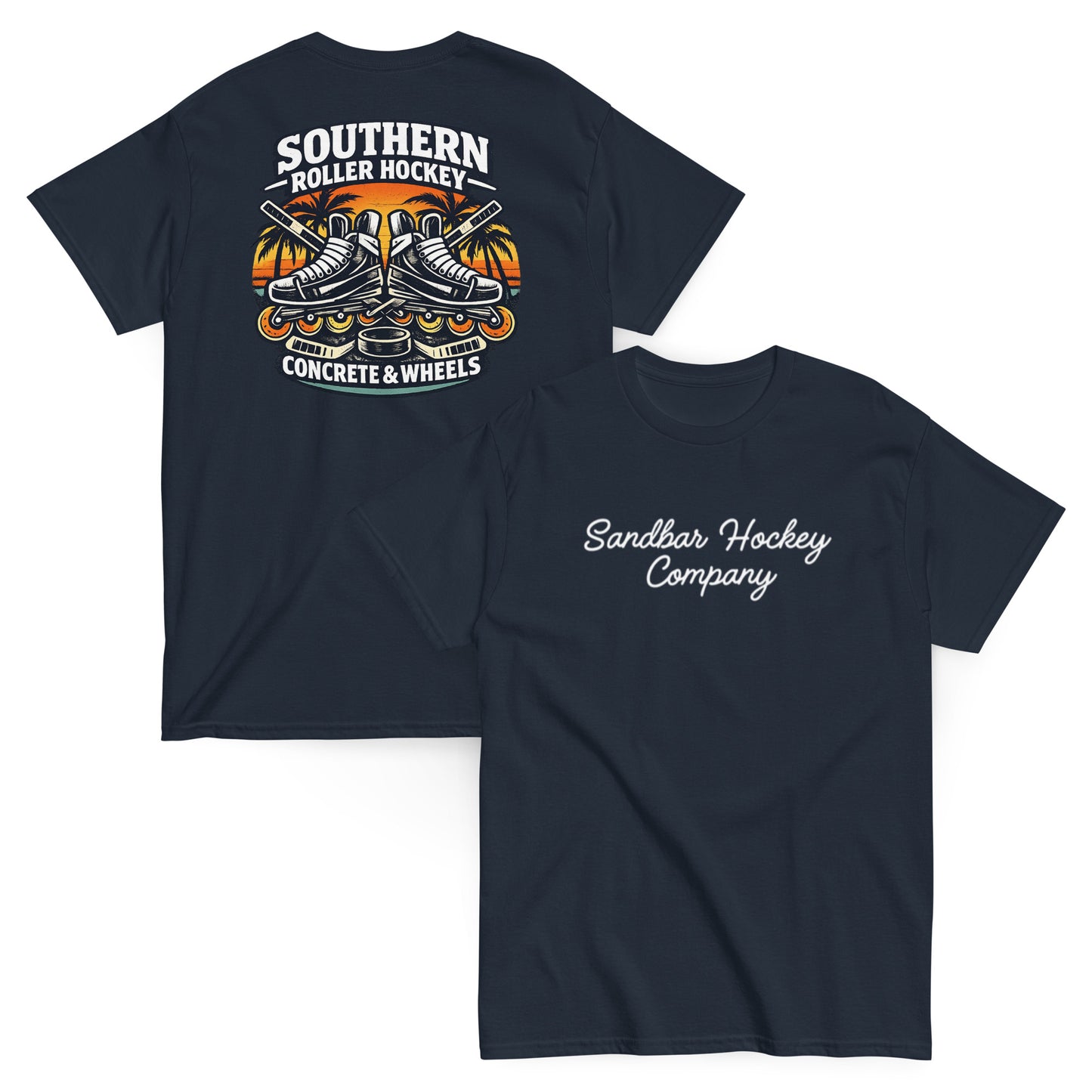 Navy southern roller hockey t-shirt showing back graphic with crossed roller skates, hockey sticks, puck, palm trees, and front chest Sandbar Hockey Company script.