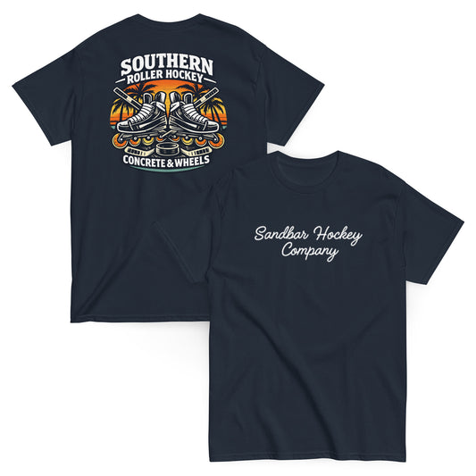 Navy southern roller hockey t-shirt showing back graphic with crossed roller skates, hockey sticks, puck, palm trees, and front chest Sandbar Hockey Company script.